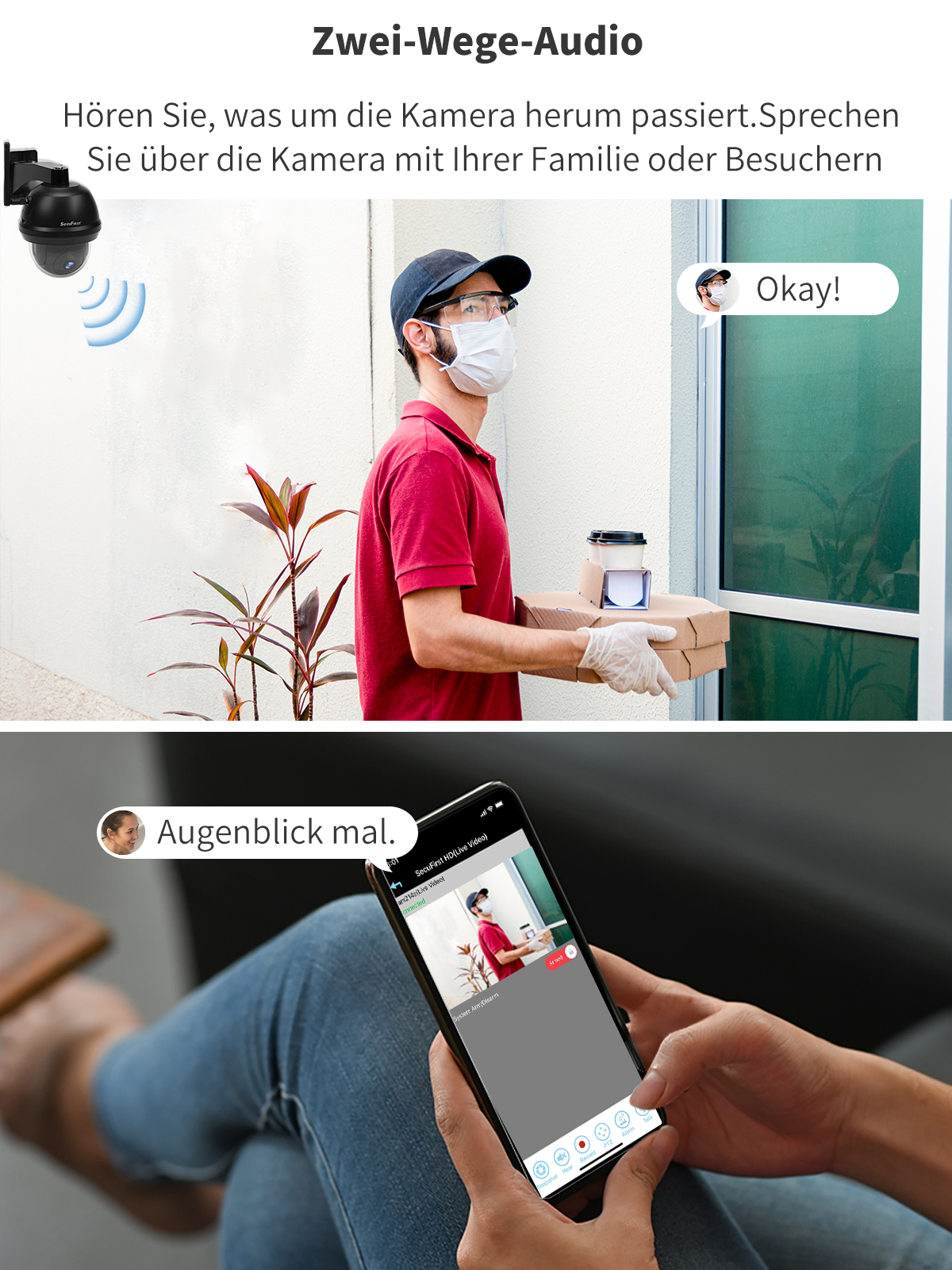 Ein Zusteller mit Maske und ein Telefon, das einen Live-Videofeed zeigt.