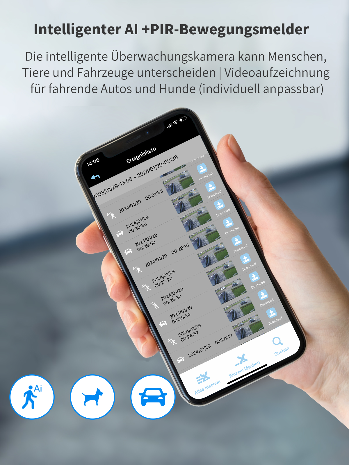 Ein Telefonbildschirm, der Ereignisse in einer Überwachungs-App anzeigt. Zeigt eine Liste von Ereignissen.