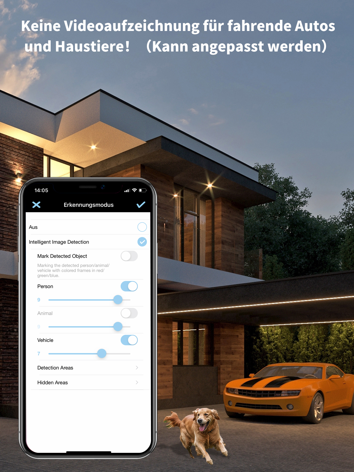 Smartphone mit App-Oberfläche, die ein Haus mit Auto und Hund anzeigt. Text: Intelligente Bilderkennung.