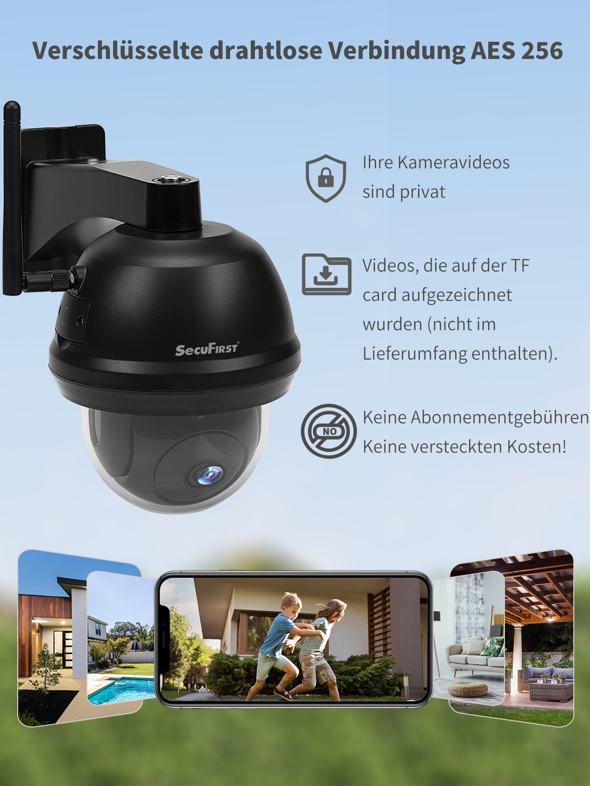 Schwarze Überwachungskamera mit einem Telefon, das einen Video-Feed zeigt. Text: Verschlüsselte Funkverbindung AES 256.