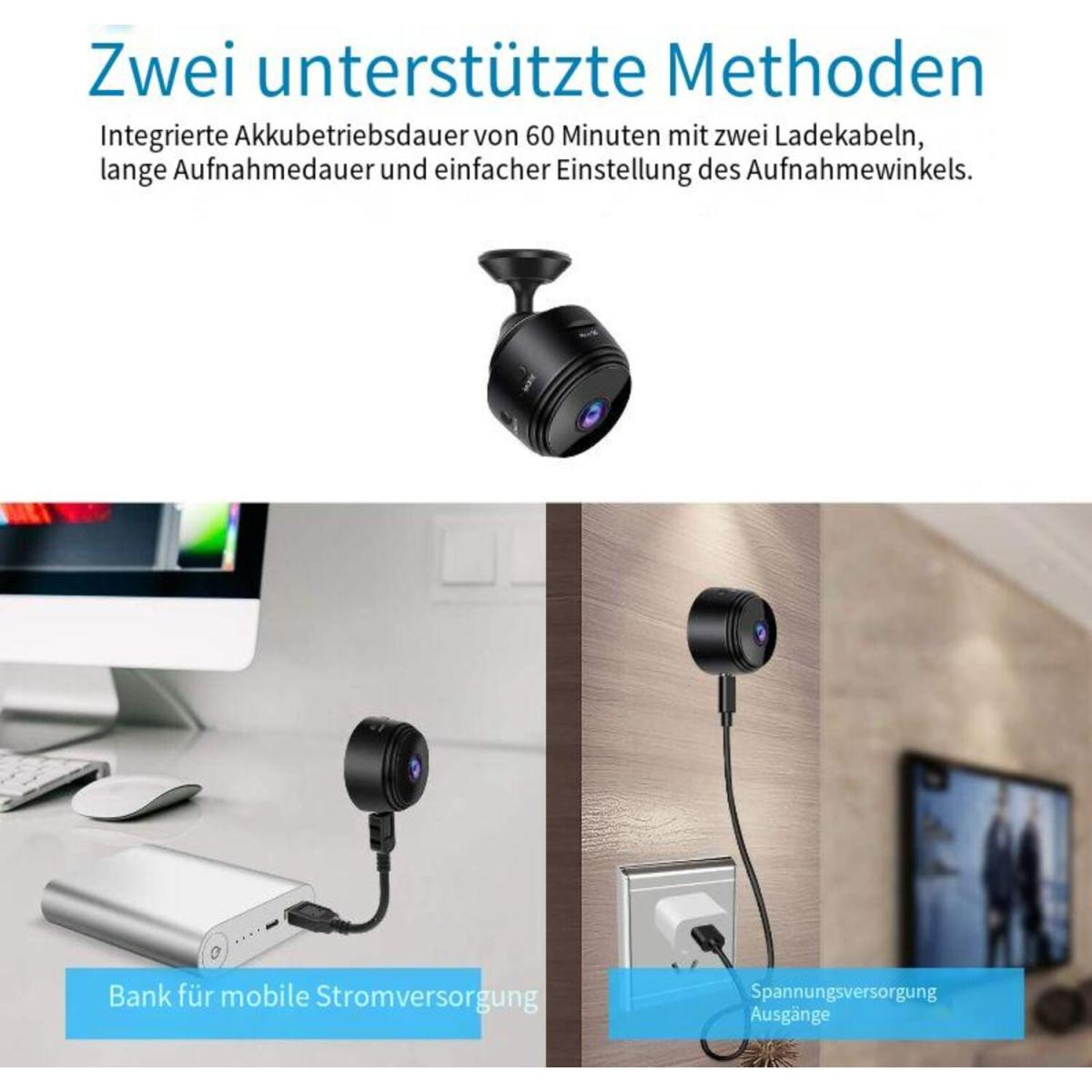 Zwei kleine Kameras werden gezeigt, eine wird von einer Powerbank, die andere von einer Steckdose geladen.