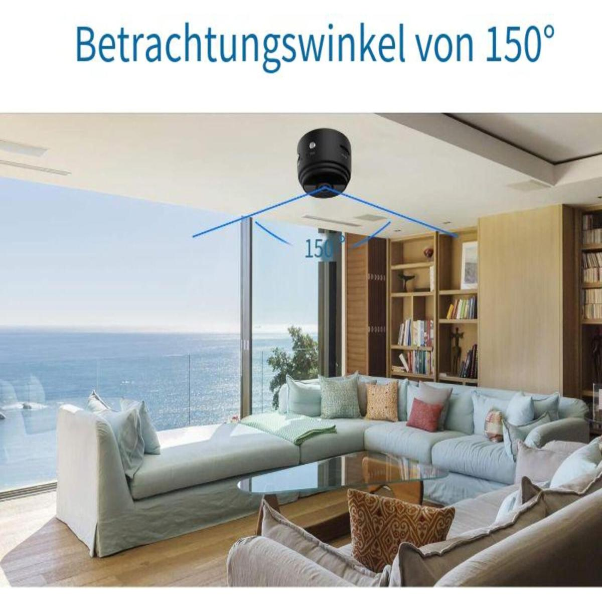 Eine Kamera an der Decke mit 150-Grad-Blickwinkel. Szene ist ein modernes Wohnzimmer.