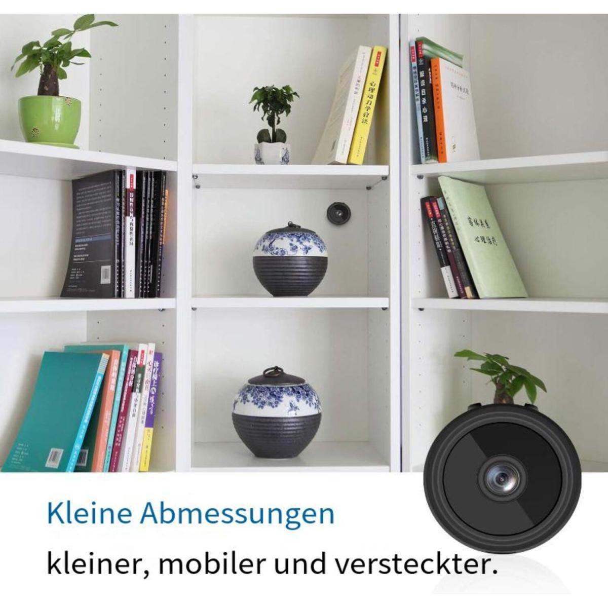 Bücherregale mit Büchern, Topfpflanzen und versteckter Überwachungskamera. Die Kamera ist klein und dunkel.