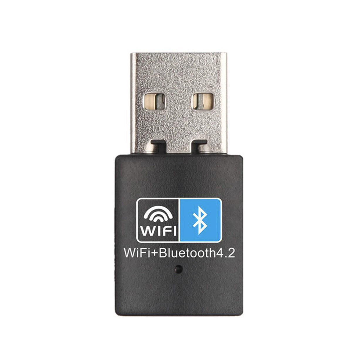 Ein schwarzer WLAN- und Bluetooth-Adapter. Es hat ein WLAN-Logo und ein Bluetooth-Logo.