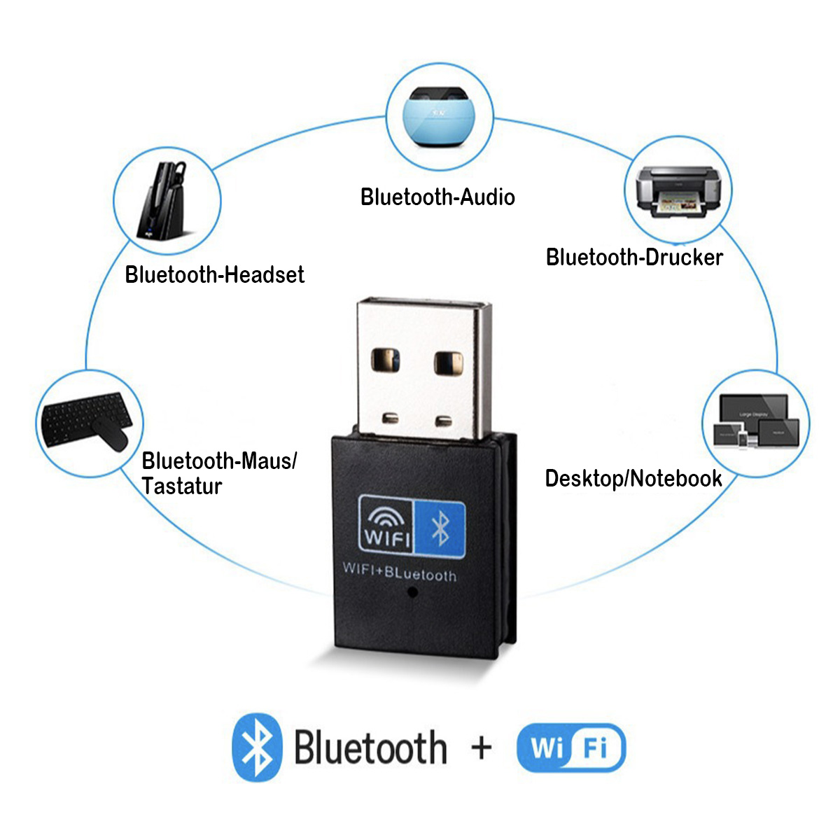 Ein USB-WLAN/Bluetooth-Adapter mit blauem und schwarzem Design, umgeben von Technik-Icons.