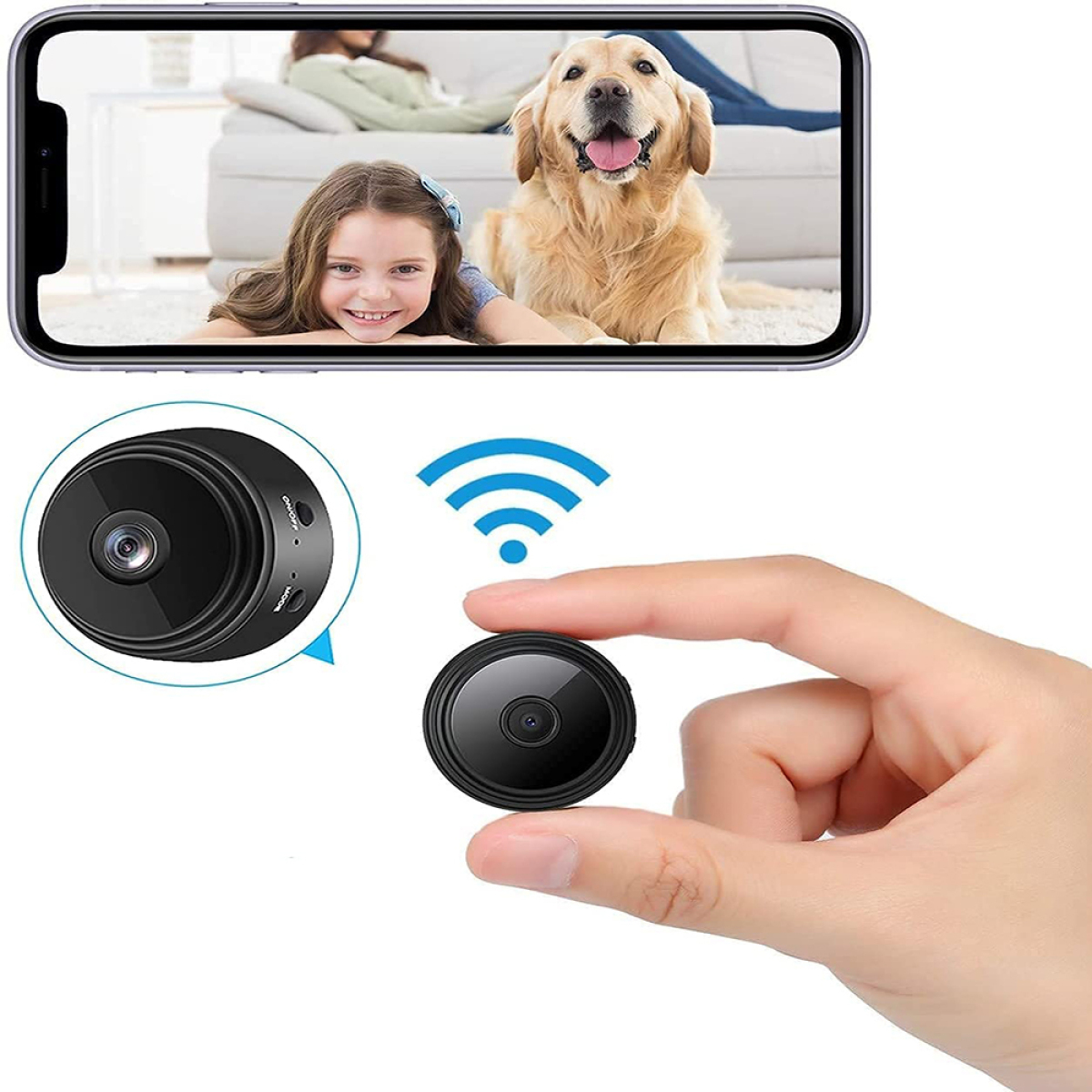 Kleine schwarze Kamera in der Hand, und ein Bild auf dem Telefon mit Hund und Mädchen.