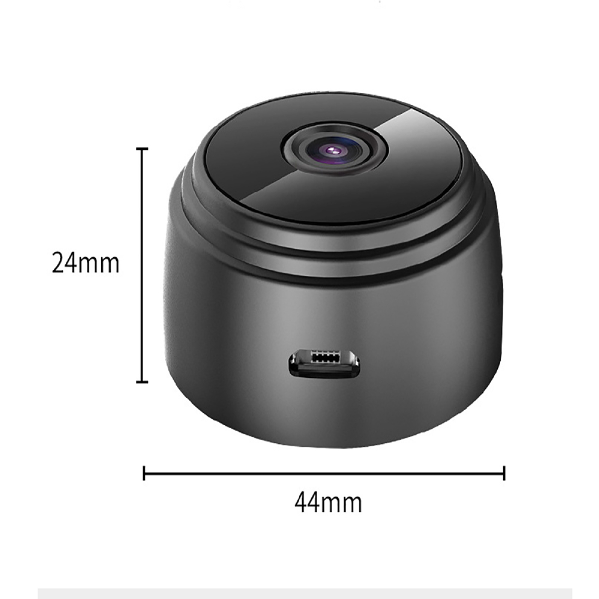Eine kleine schwarze Kamera mit angegebenen Abmessungen.