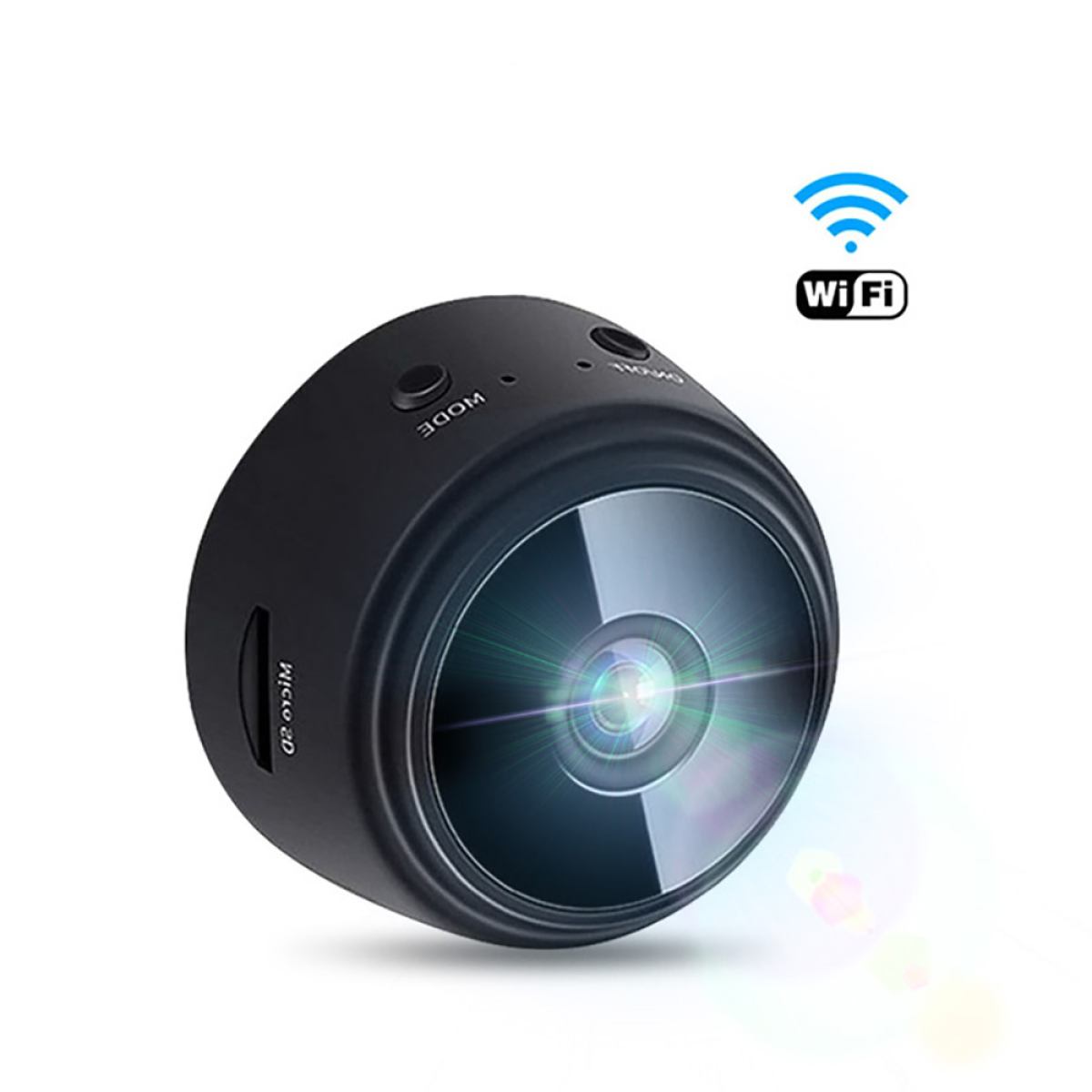 Schwarze Minikamera mit Objektiv, Wi-Fi-Symbol und Micro-SD-Steckplatz auf weißem Hintergrund.