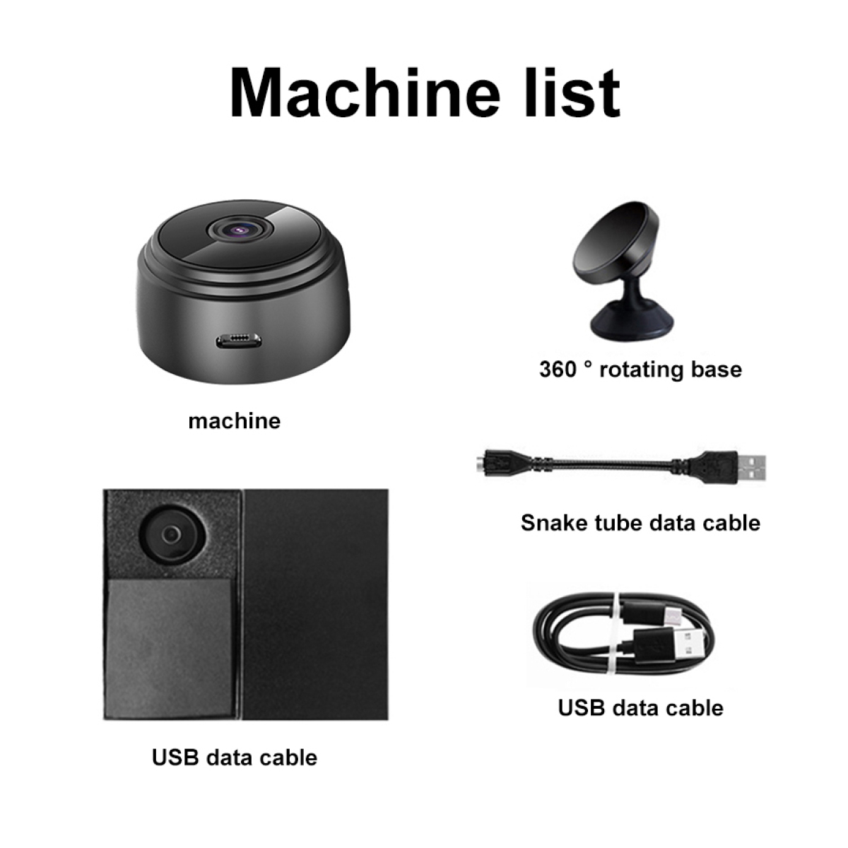 Eine Maschinenliste mit einer kleinen Kamera, einer Basis und verschiedenen USB-Kabeln mit Textbeschriftungen.