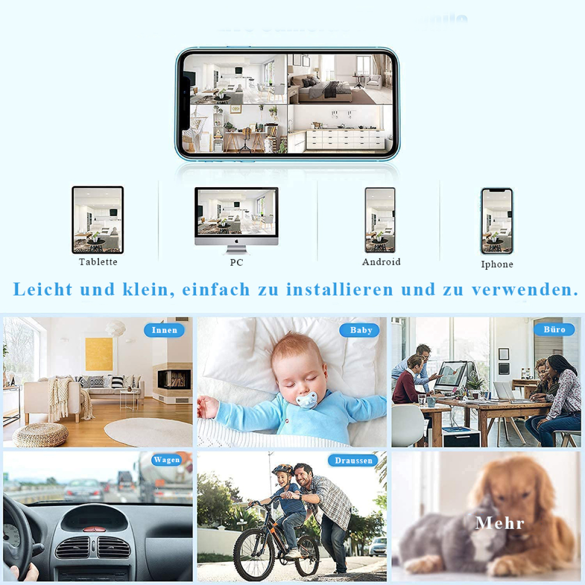 Ein Telefon, das Sicherheitskameraansichten, andere Geräte und verschiedene Szenensymbole anzeigt.