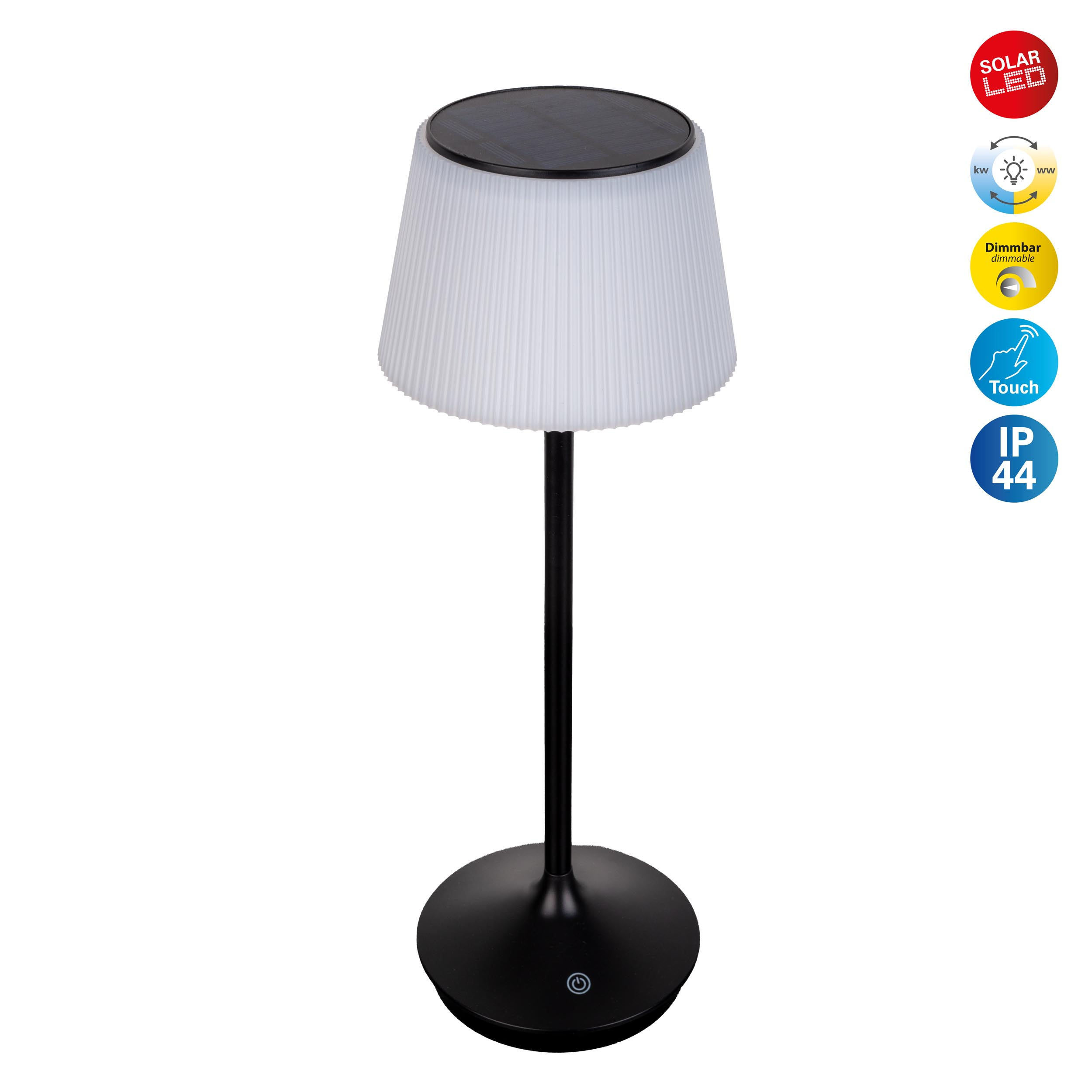 Eine schwarze Solar-LED-Tischleuchte mit weißem Lampenschirm und schwarzem Sockel, auf weißem Hintergrund.
