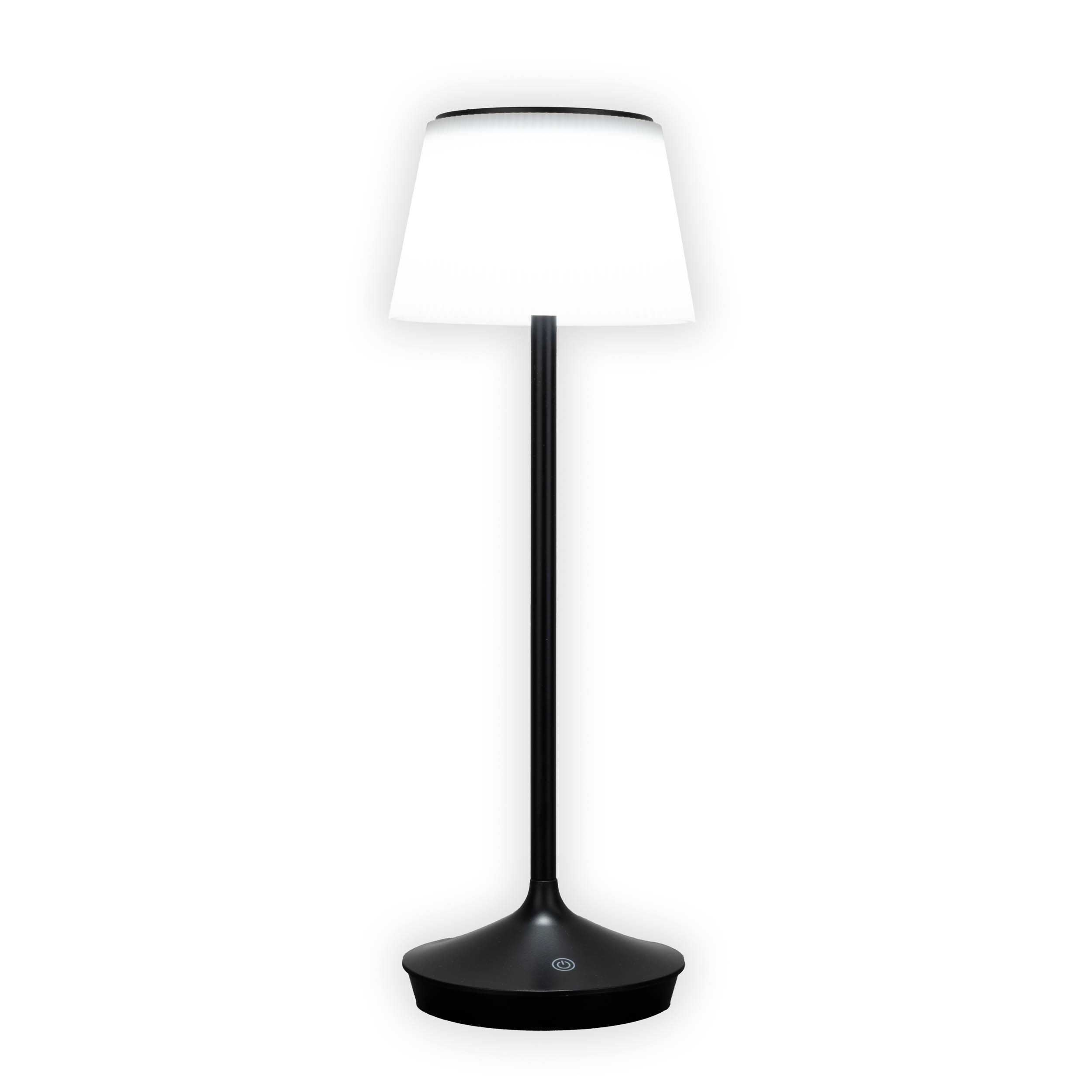Eine schwarz-weiße Stehlampe. Sie hat einen schwarzen Sockel und einen weißen Lampenschirm. Der Hintergrund ist weiß.
