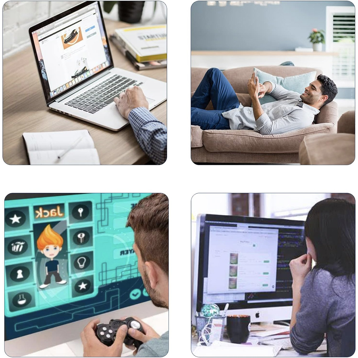Vier Bilder mit Personen, die Technologie nutzen: Laptop, Tablet, Gaming und Programmieren.