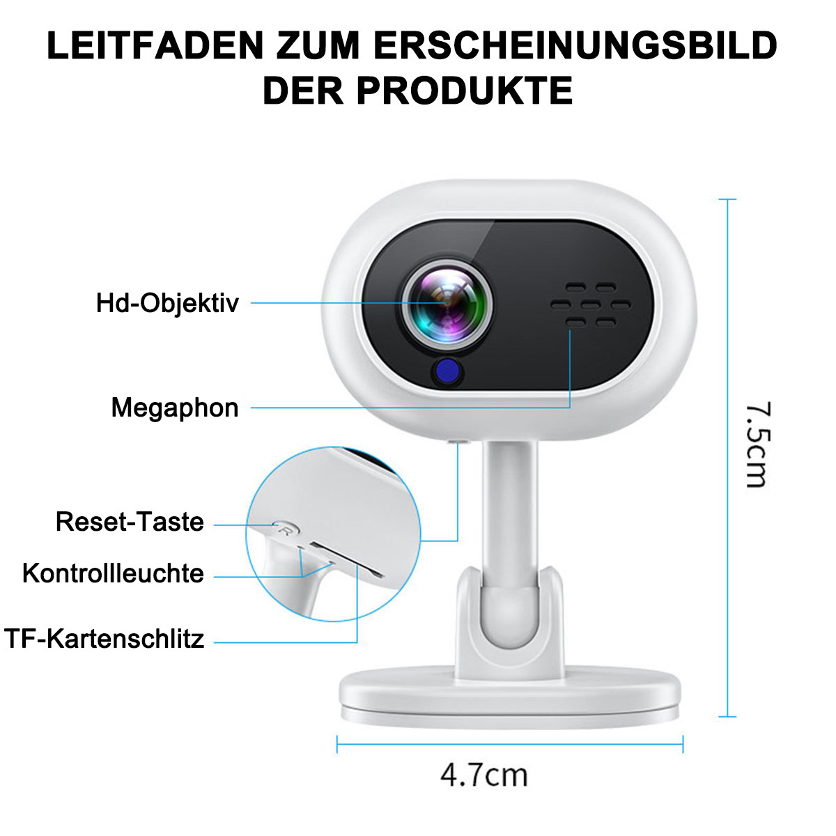 Weiße Überwachungskamera mit beschrifteten Teilen und Abmessungen.