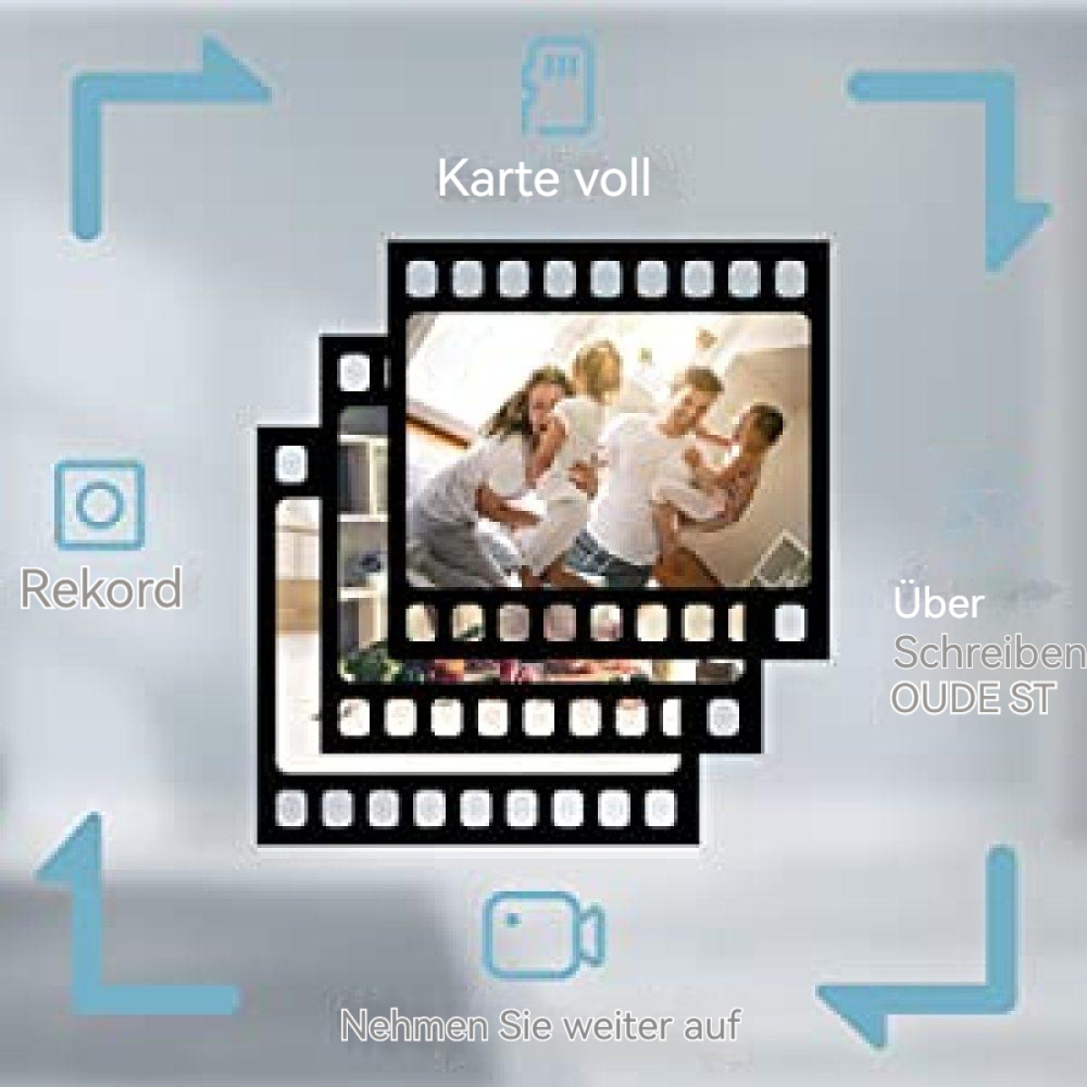 Filmstreifenbilder, die eine Familie, eine Filmrolle und ein Kamerasymbol mit Pfeilen zeigen.