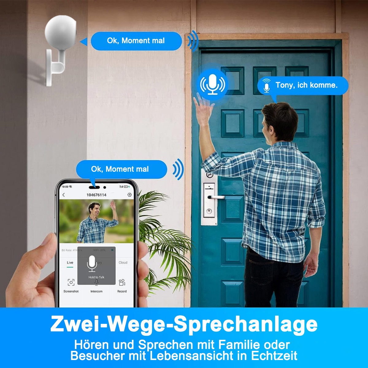 Mann spricht mit einem Telefonbildschirm, Smart-Home-Oberfläche, blaue Tür.