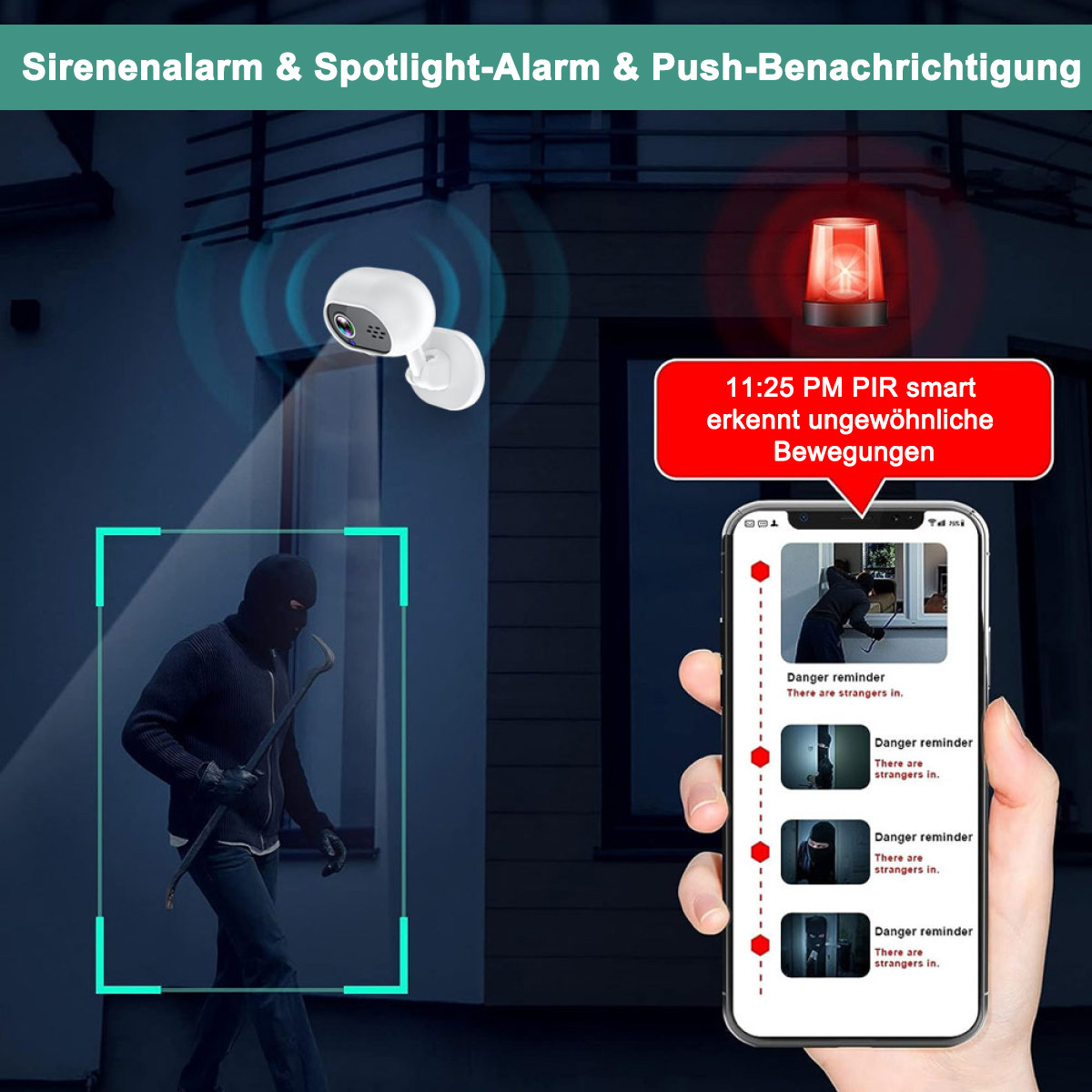 Ein Heimsicherheitssystem mit Dieb, Alarm und einer Smartphone-Oberfläche, die einen Gefahrenhinweis zeigt.