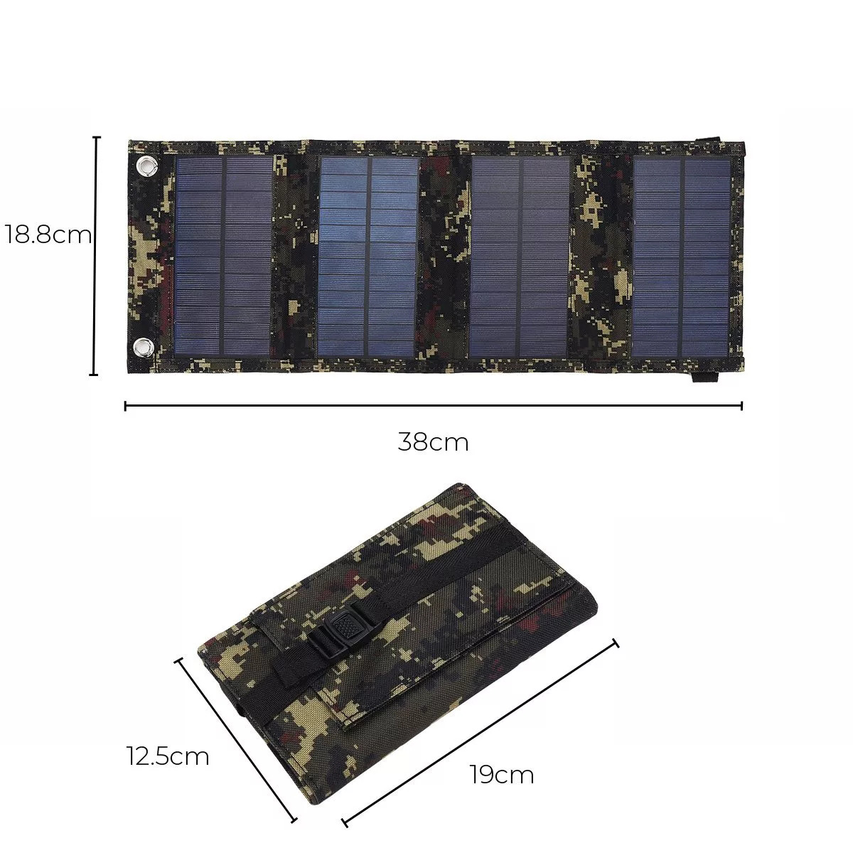 Gefaltetes Tarn-Solarpanel und gefaltete Tarn-Tasche mit Maßen auf weißer Oberfläche.