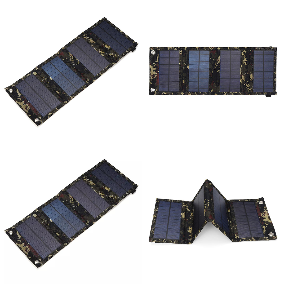 Mehrere Ansichten eines gefalteten Solarpanels mit Tarnmuster in verschiedenen Positionen.