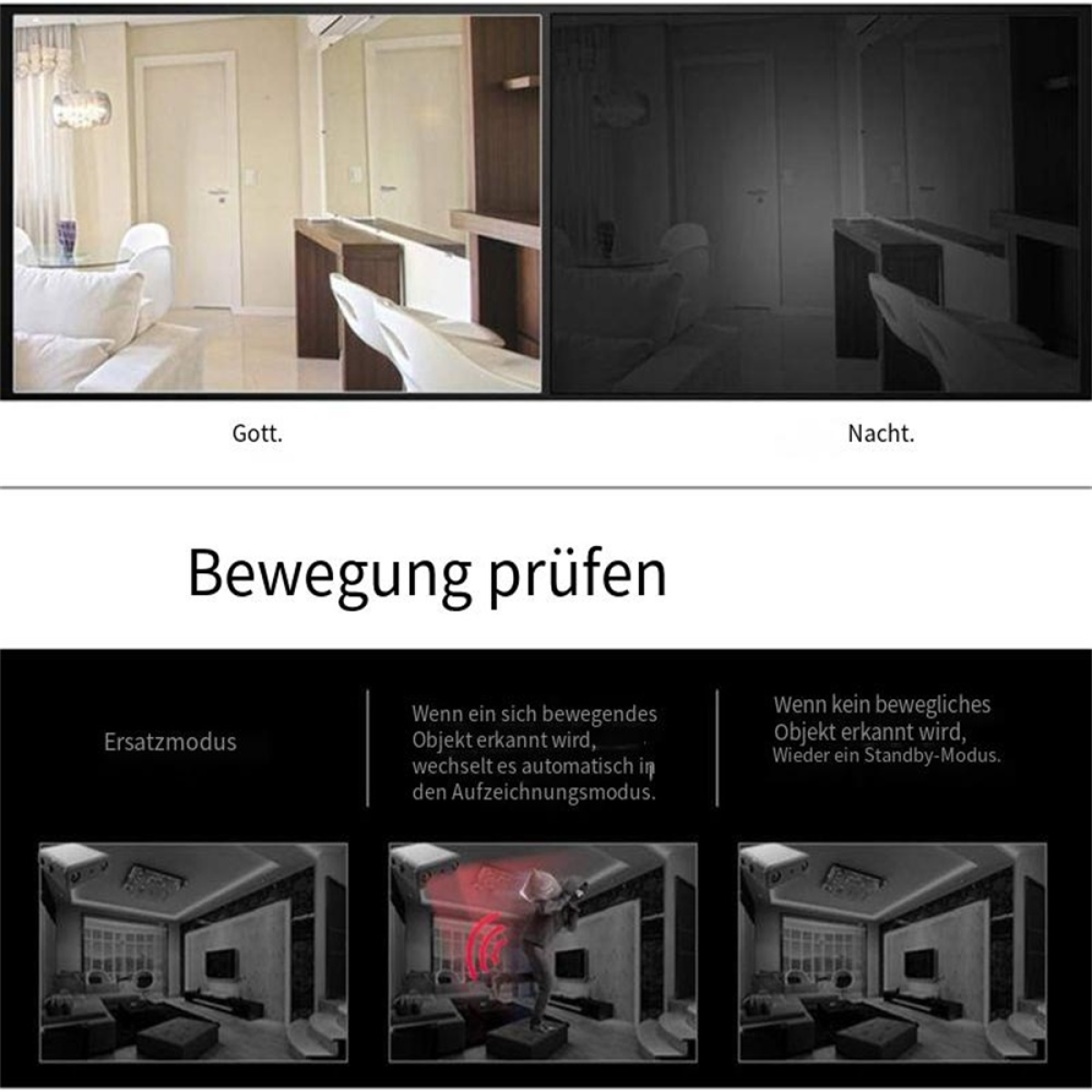 Vergleich von Tag- und Nachtbildern. Text über Bewegungserkennung und Standby-Modus.