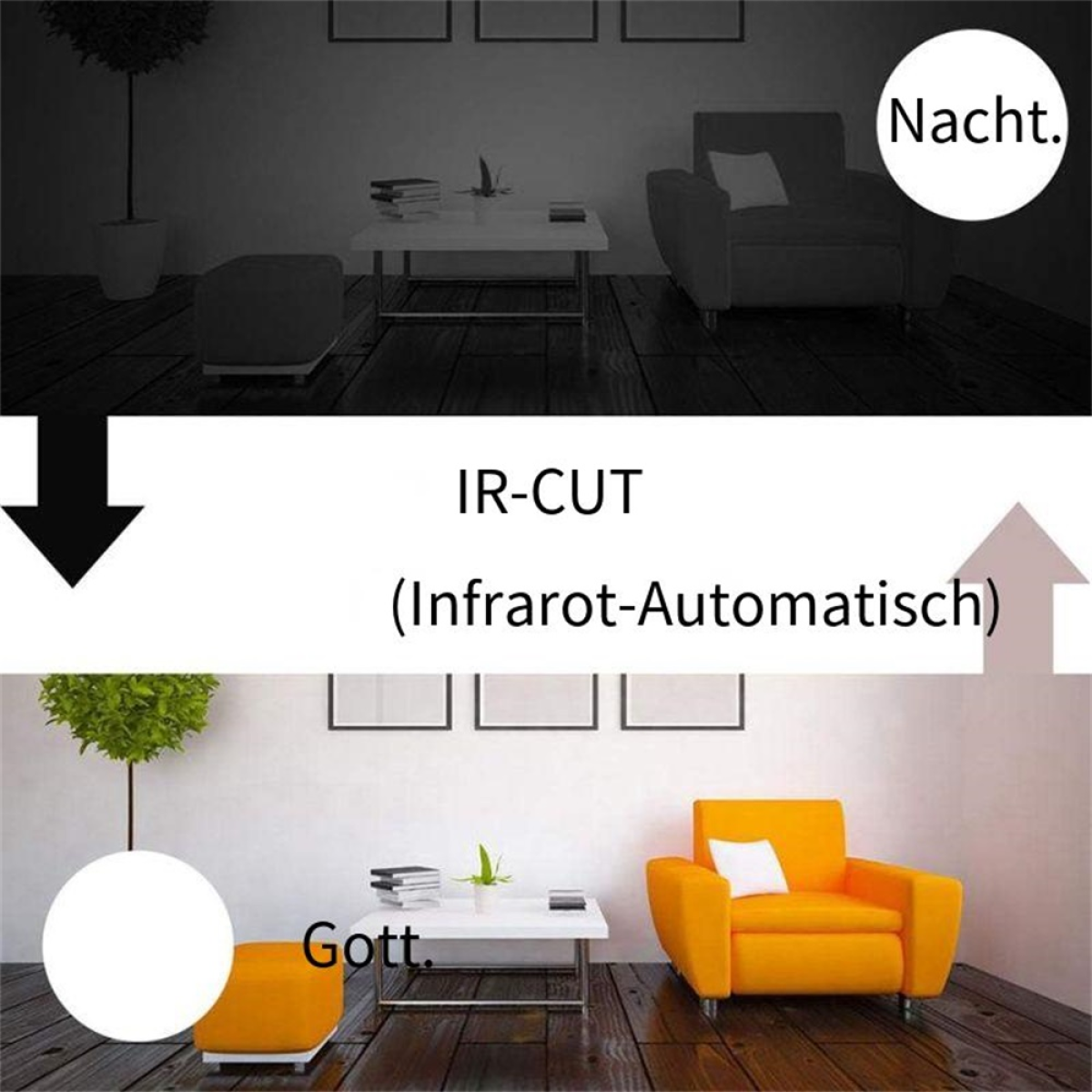 Wohnzimmer. Oberes Bild dunkel (Nacht), unteres hell (Tag).