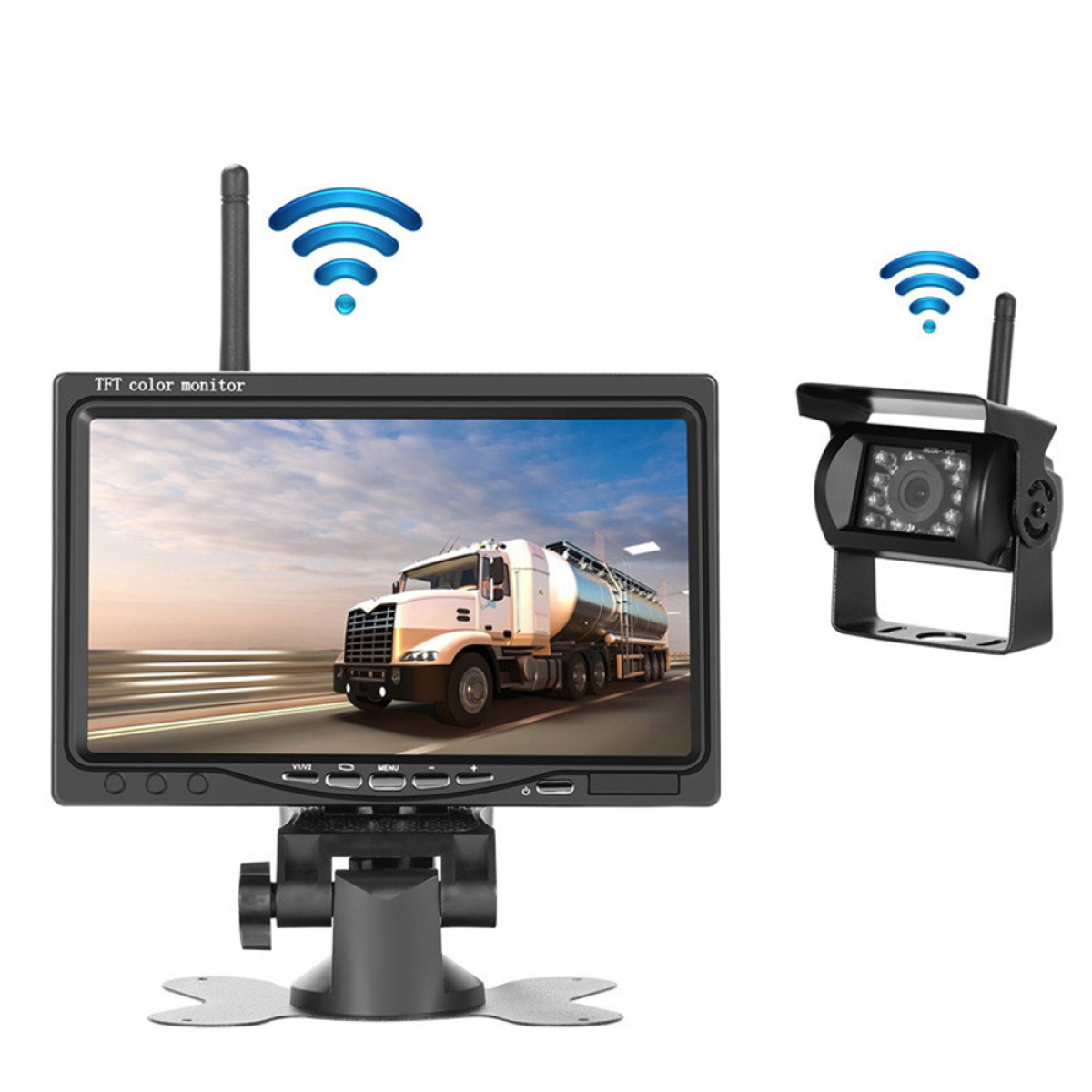 TFT-Farbmonitor und kabellose Kamera mit LKW auf Autobahn, weißer Hintergrund.