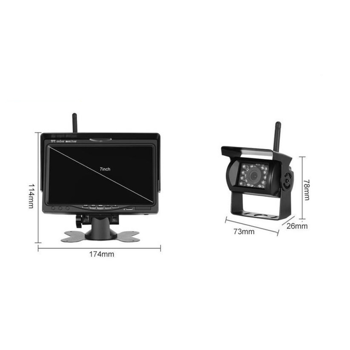 Ein schwarzer 7-Zoll-Monitor und eine schwarze Kamera mit Maßen auf weißem Hintergrund. Die Kamera hat eine Antenne.