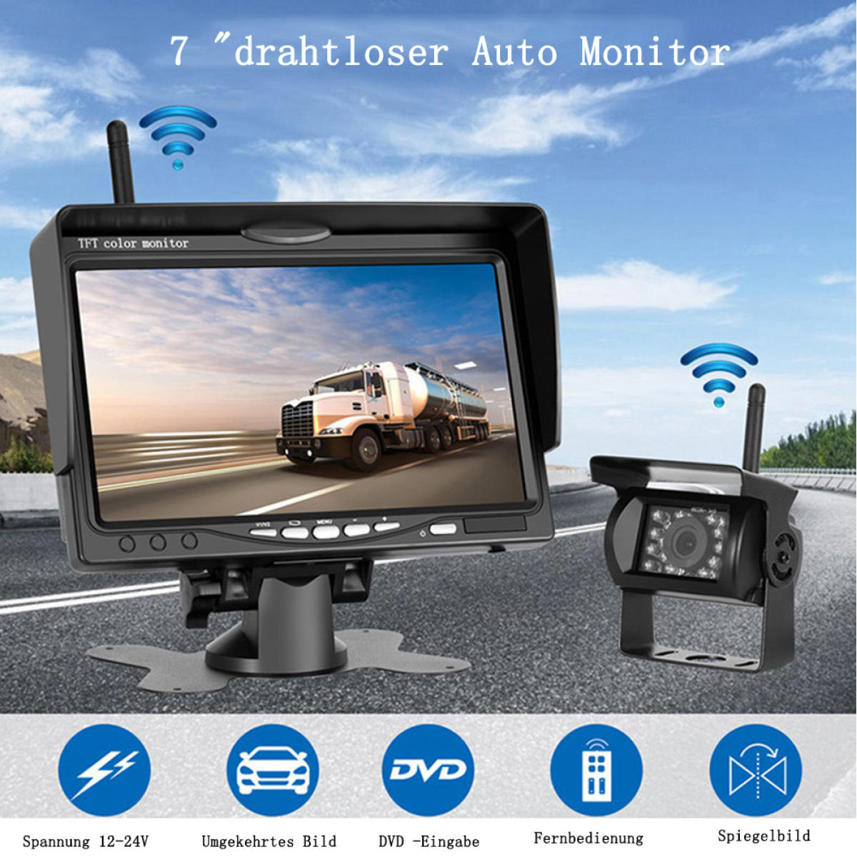Ein Monitor, der das Bild eines Lastwagens anzeigt. Unten befinden sich Symbole für Spannung, ein Auto, DVD, Fernbedienung und Spiegel.