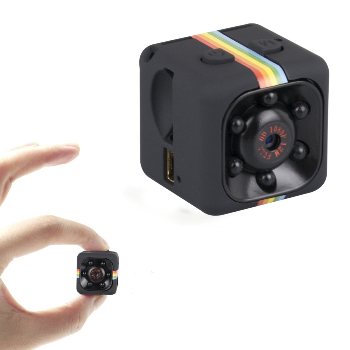 Kleine schwarze Würfelkamera mit Regenbogenstreifen und eine Hand, die eine ähnliche hält.