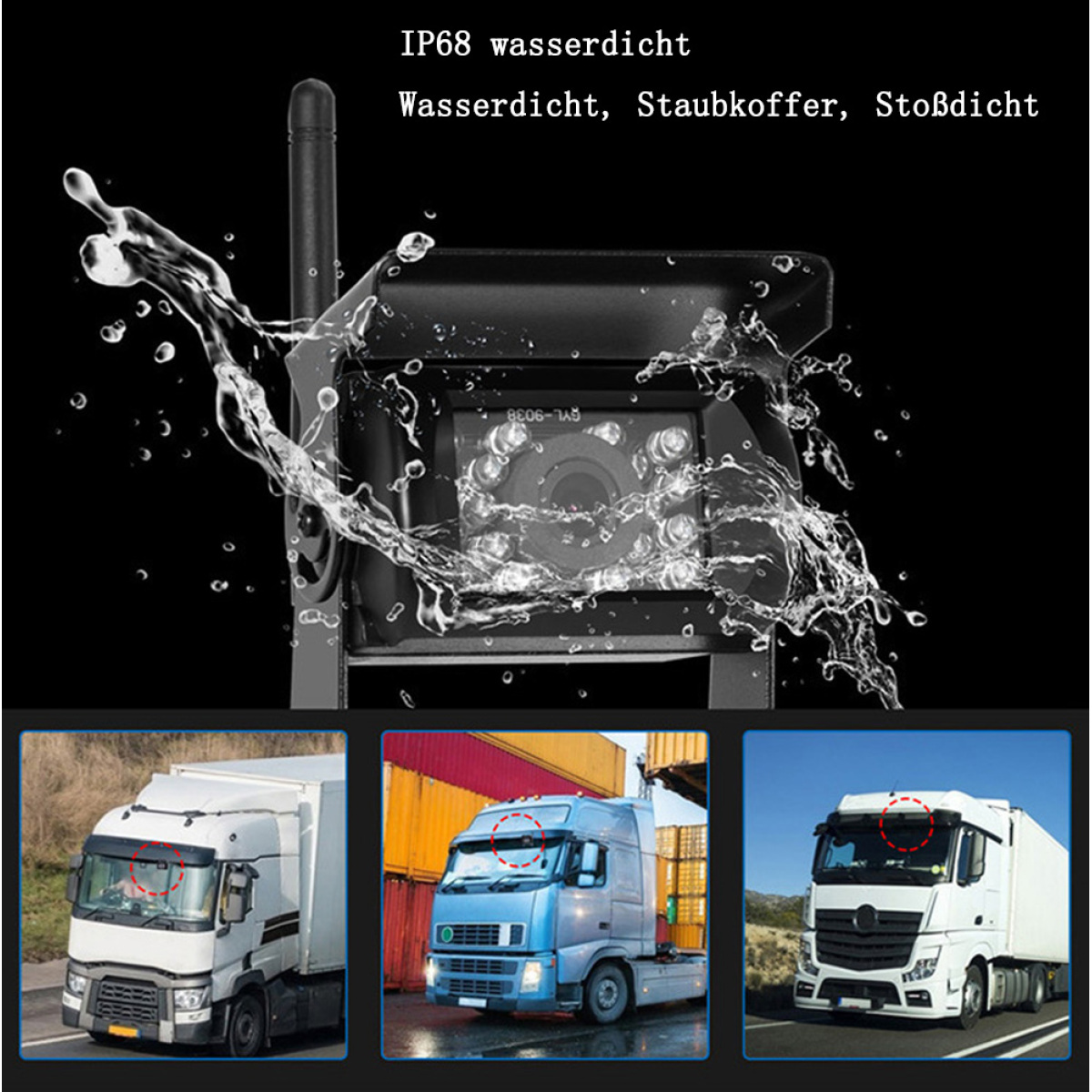 Schwarze Kamera mit Wasserspritzer und Bilder von Lastwagen darunter.