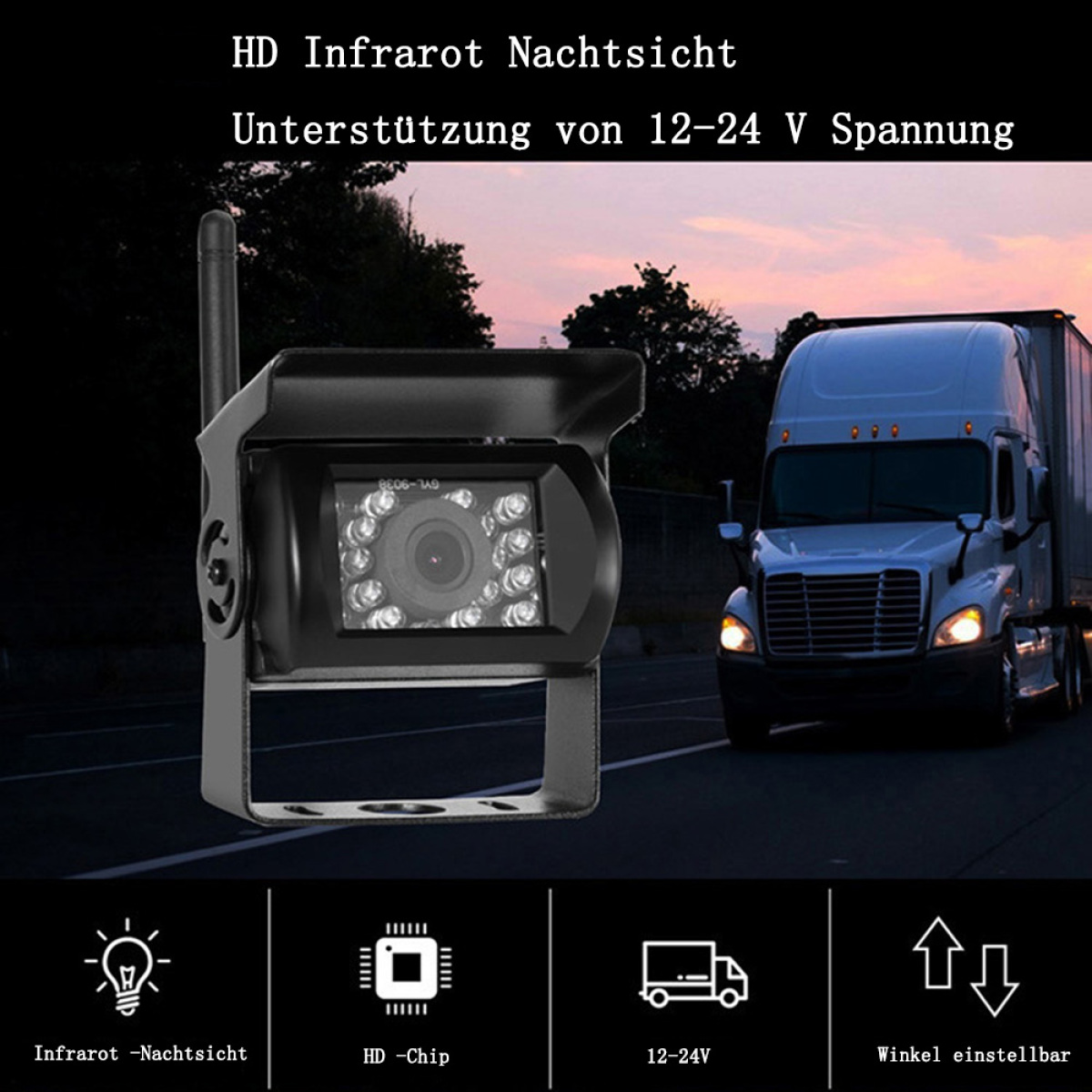 Eine schwarze LKW-Kamera mit Nachtsicht wird vor einem LKW gezeigt. Symbole zeigen Funktionen.