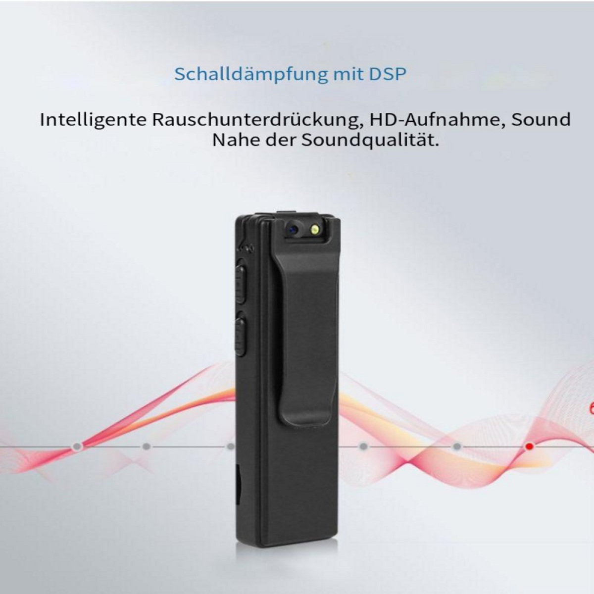 Ein kleines schwarzes Aufnahmegerät mit Clip und Knöpfen, roter Linien-Grafik.