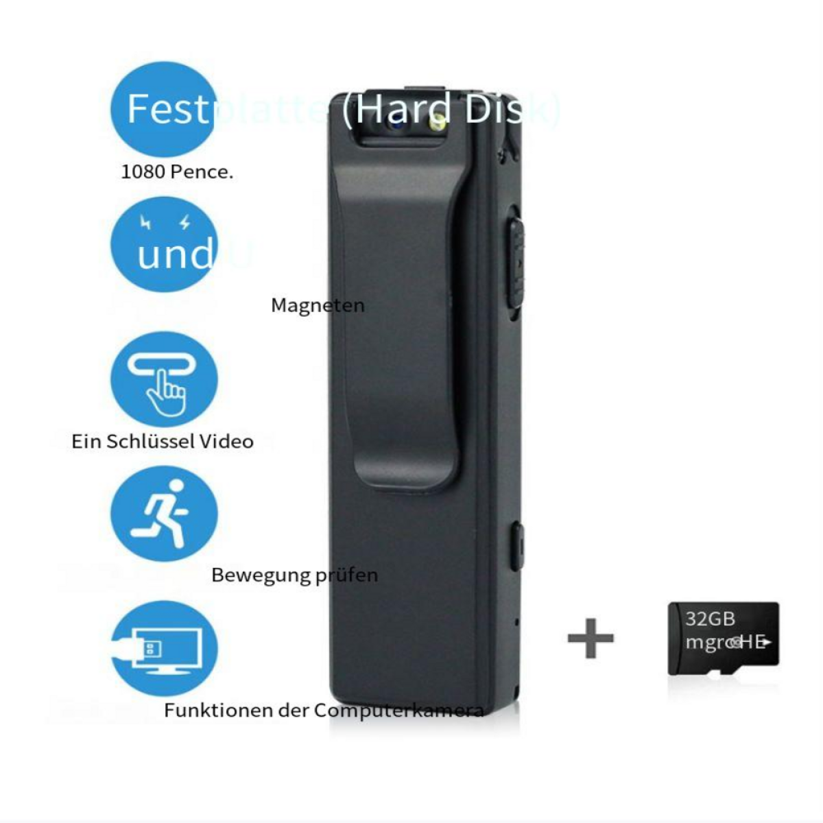 Schwarzer digitaler Videorekorder mit Symbolen. Text und Grafiken, die seine Funktionen beschreiben.