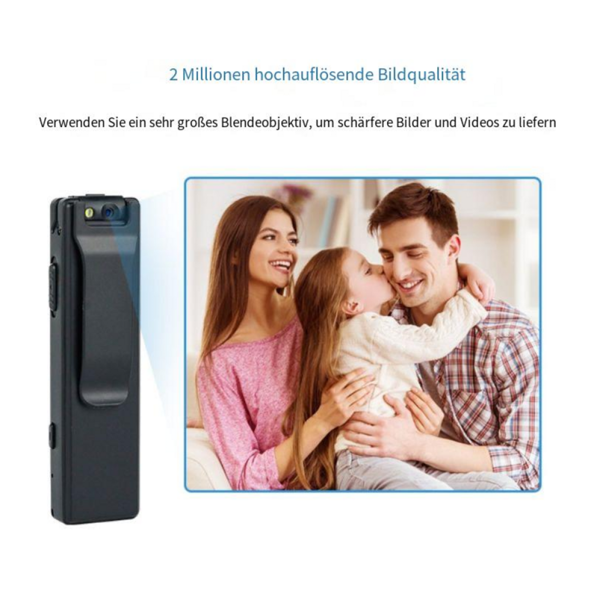 Schwarze Kamera mit Clip und Familie im Hintergrund. Text: 2 Millionen hochauflösende Bildqualität.