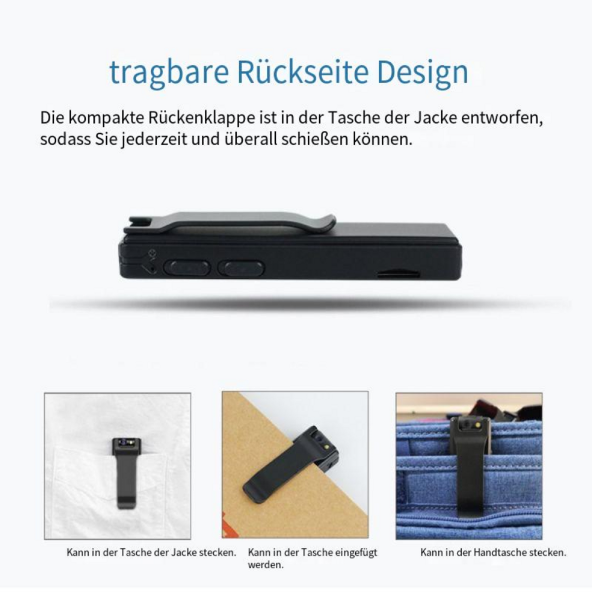 Ein kleines Gerät mit Clip, gezeigt in Hemdtasche, Karton und Hosentasche.