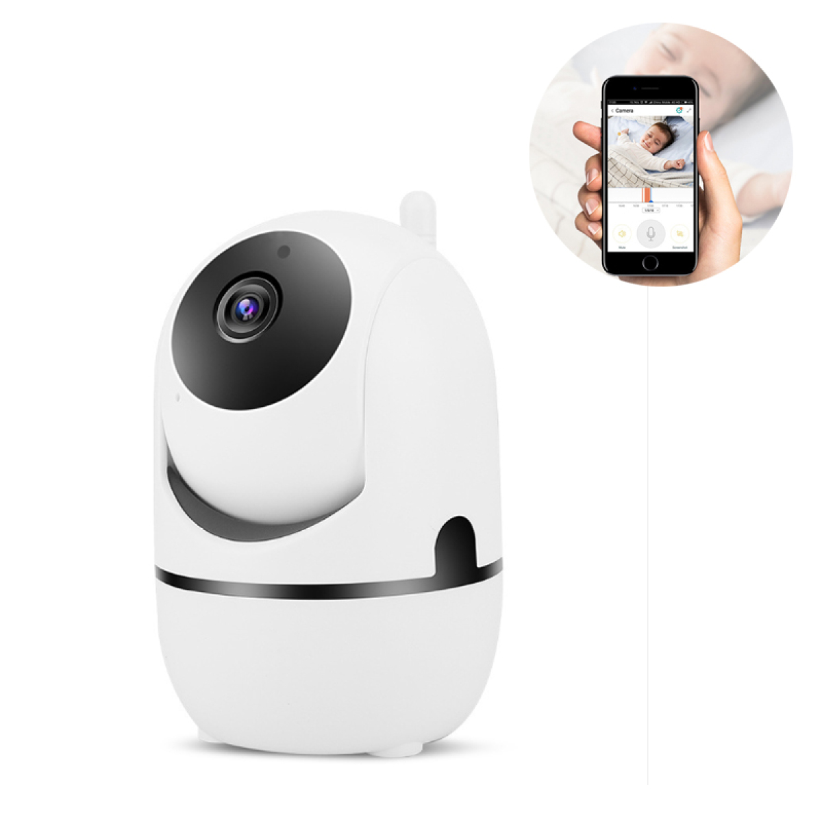 Weißer Babyphone mit Kamera. Rechts wird ein Telefon gezeigt, das ein schlafendes Baby anzeigt.