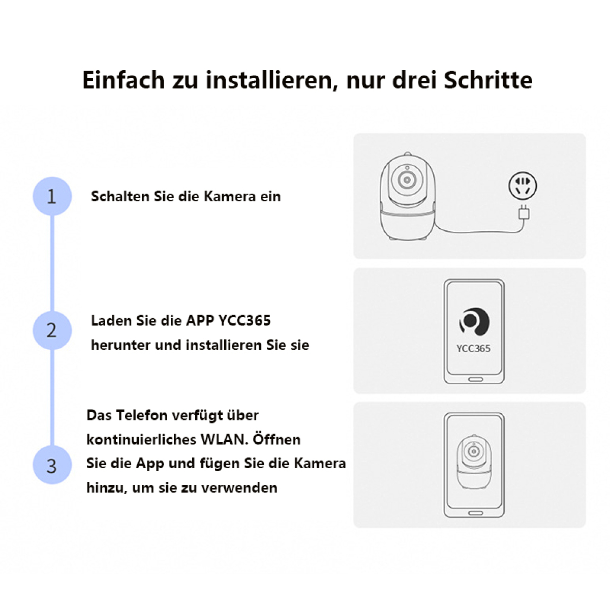 Anleitung zur Installation einer Überwachungskamera. Drei Schritte mit Illustrationen: Strom, App, verbinden.
