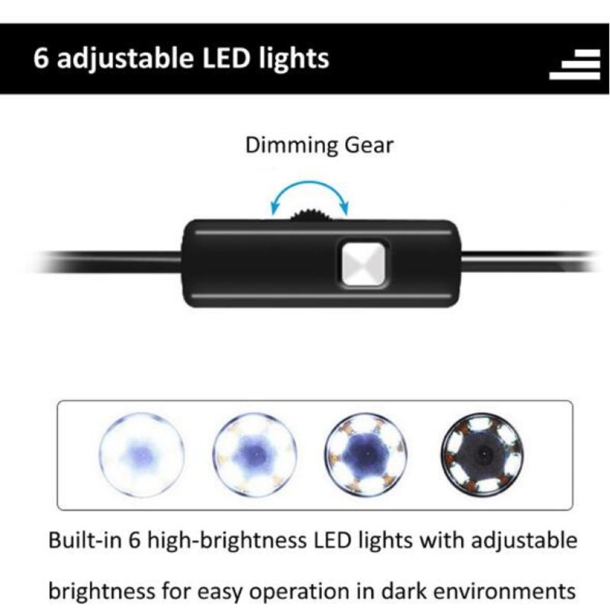 Ein schwarzes Gerät mit Dimmrad und LED-Leuchten, mit vier verschiedenen Lichtmustern.