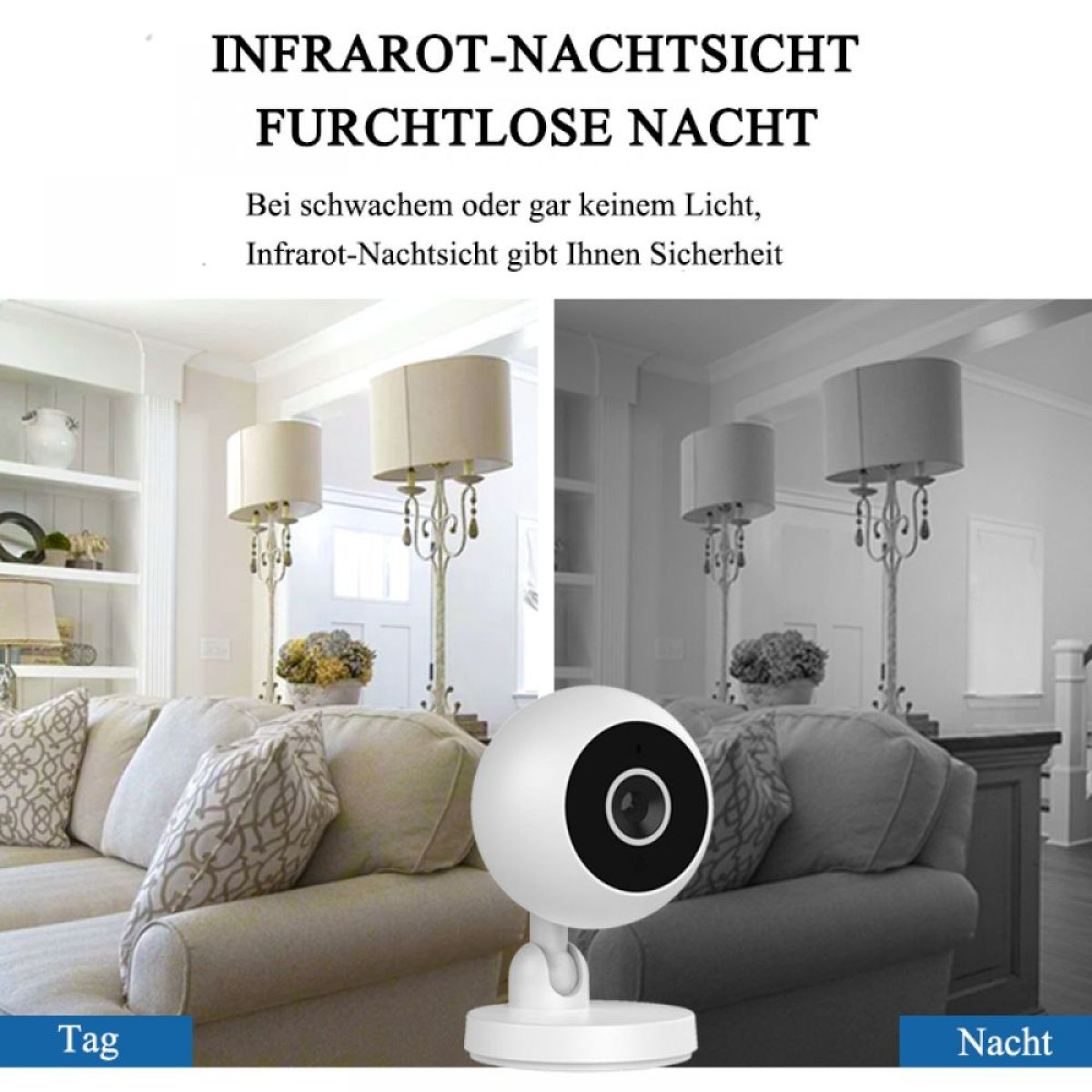 Sicherheitskamera, Tag- und Nachtansicht. Rauminnenraum mit Sofa und Lampen.