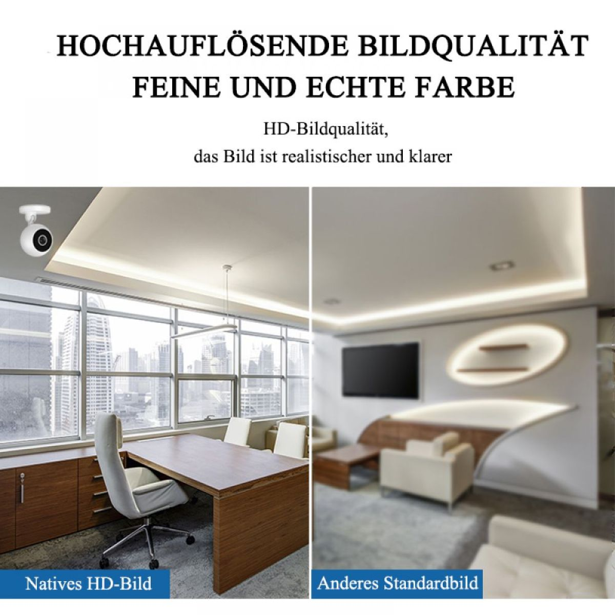 Büro mit Vergleich von HD- und Standardbildqualität.