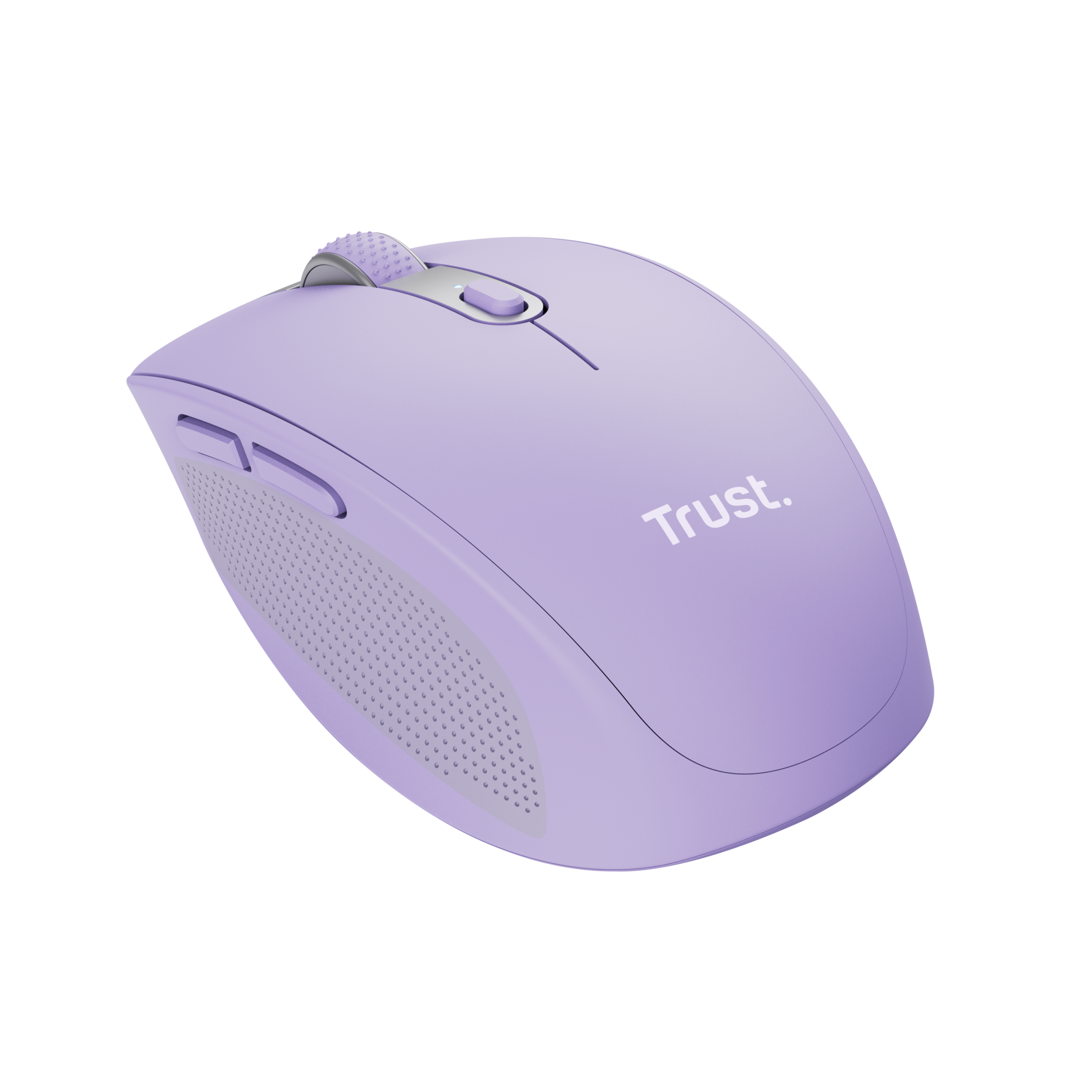 Lila kabellose Maus mit Trust-Logo auf schwarzem Untergrund.