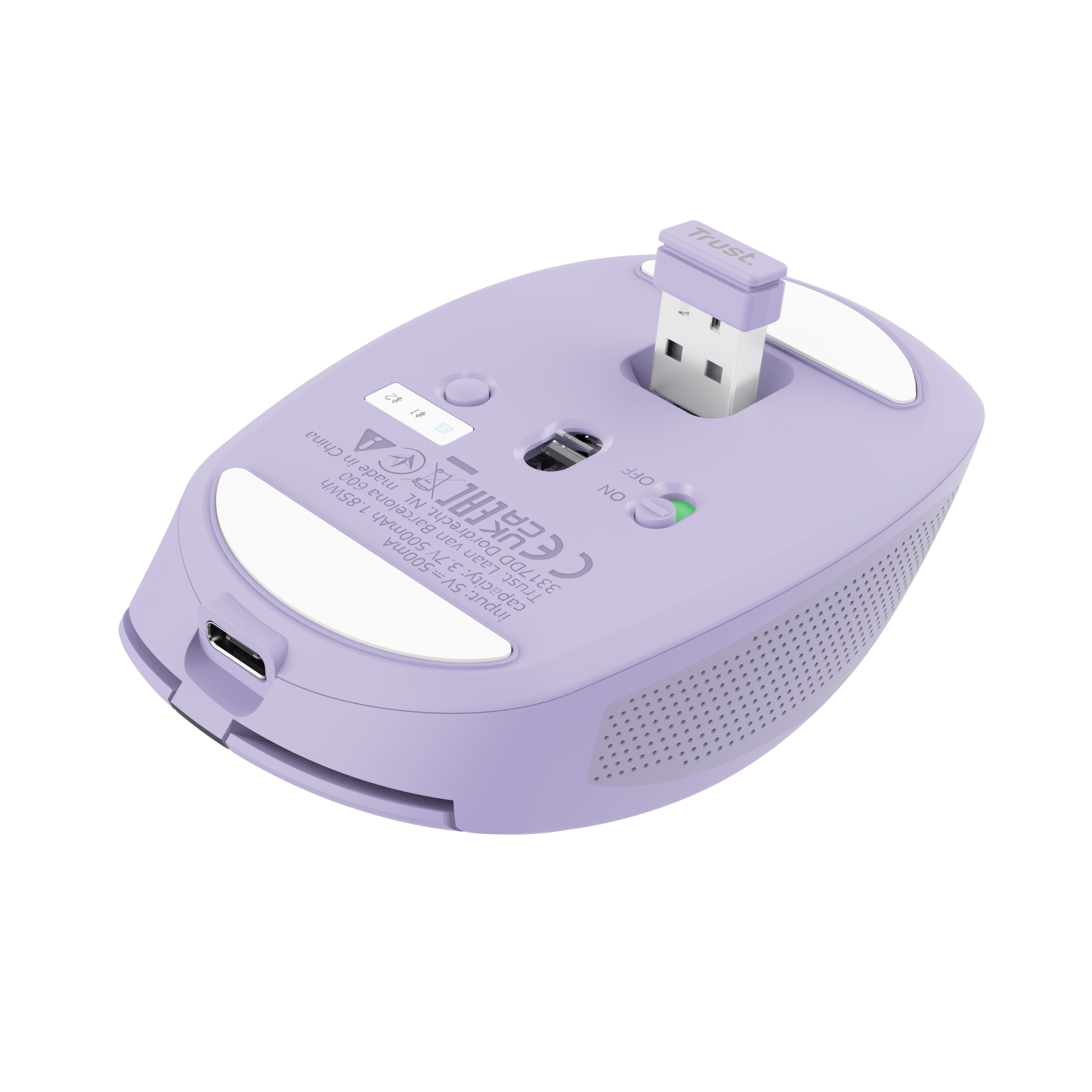 Lila Computermaus mit eingestecktem USB-Empfänger auf schwarzem Hintergrund.