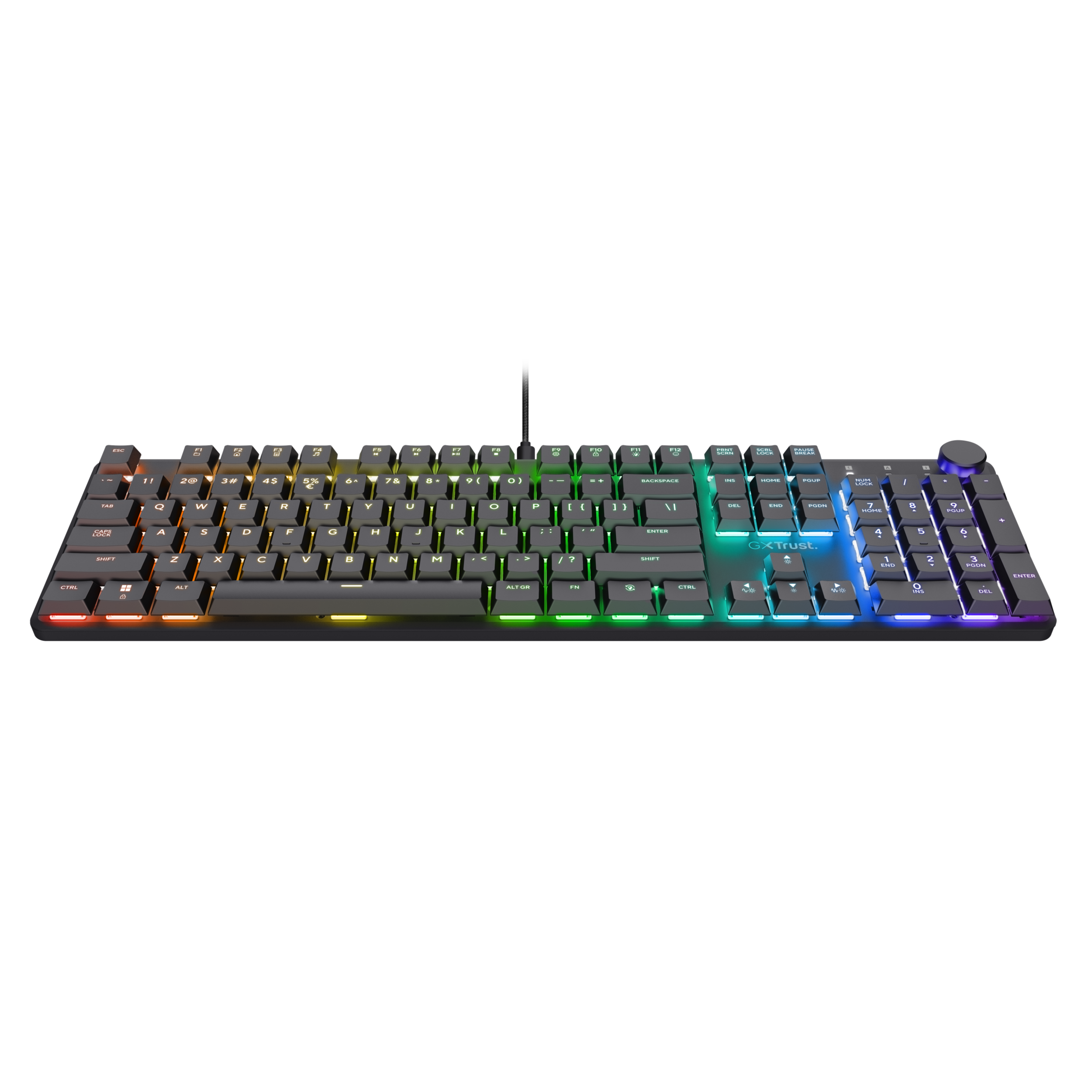 Black gaming keyboard with rainbow backlit keys. Black background.