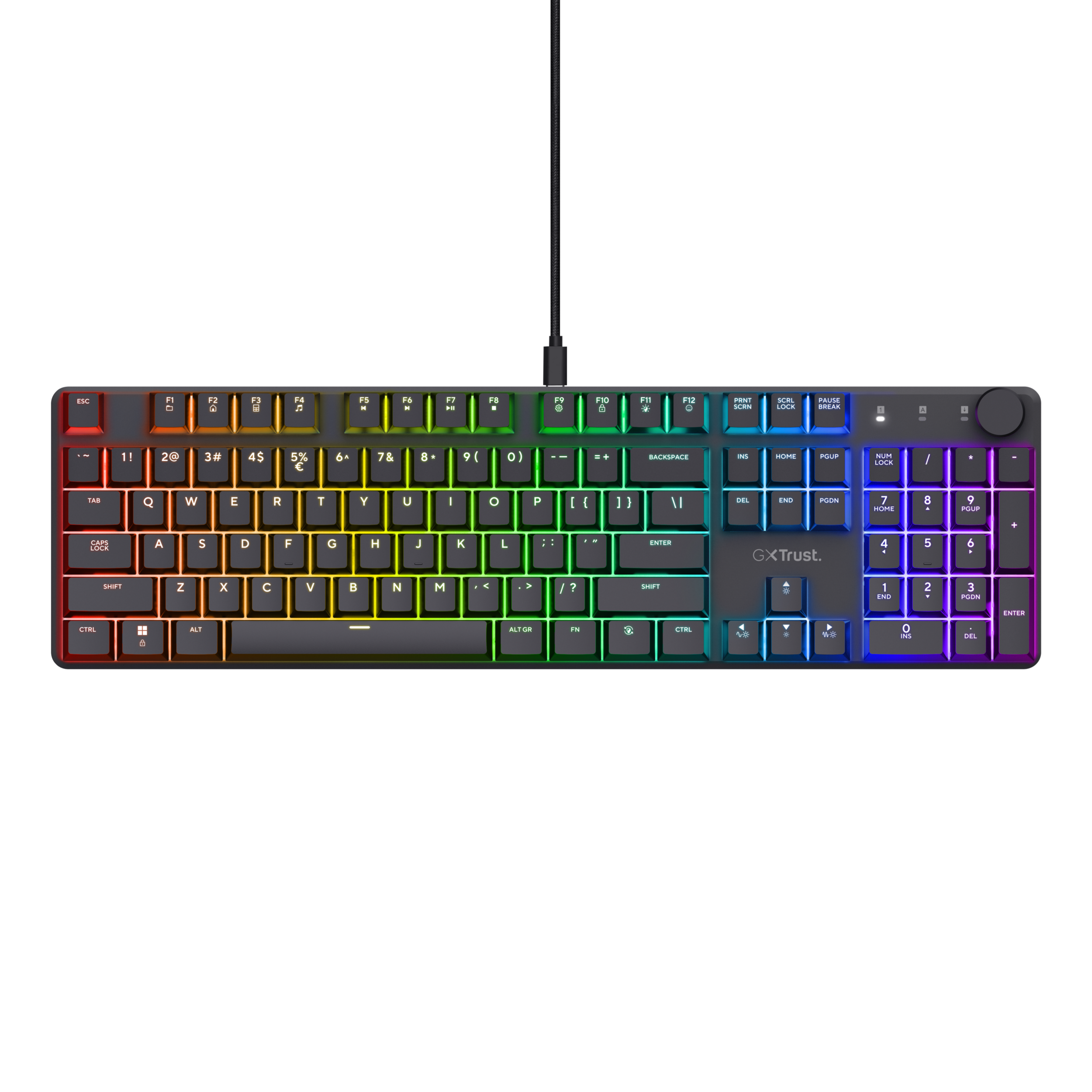Black gaming keyboard with rainbow-colored keys and a black background.
