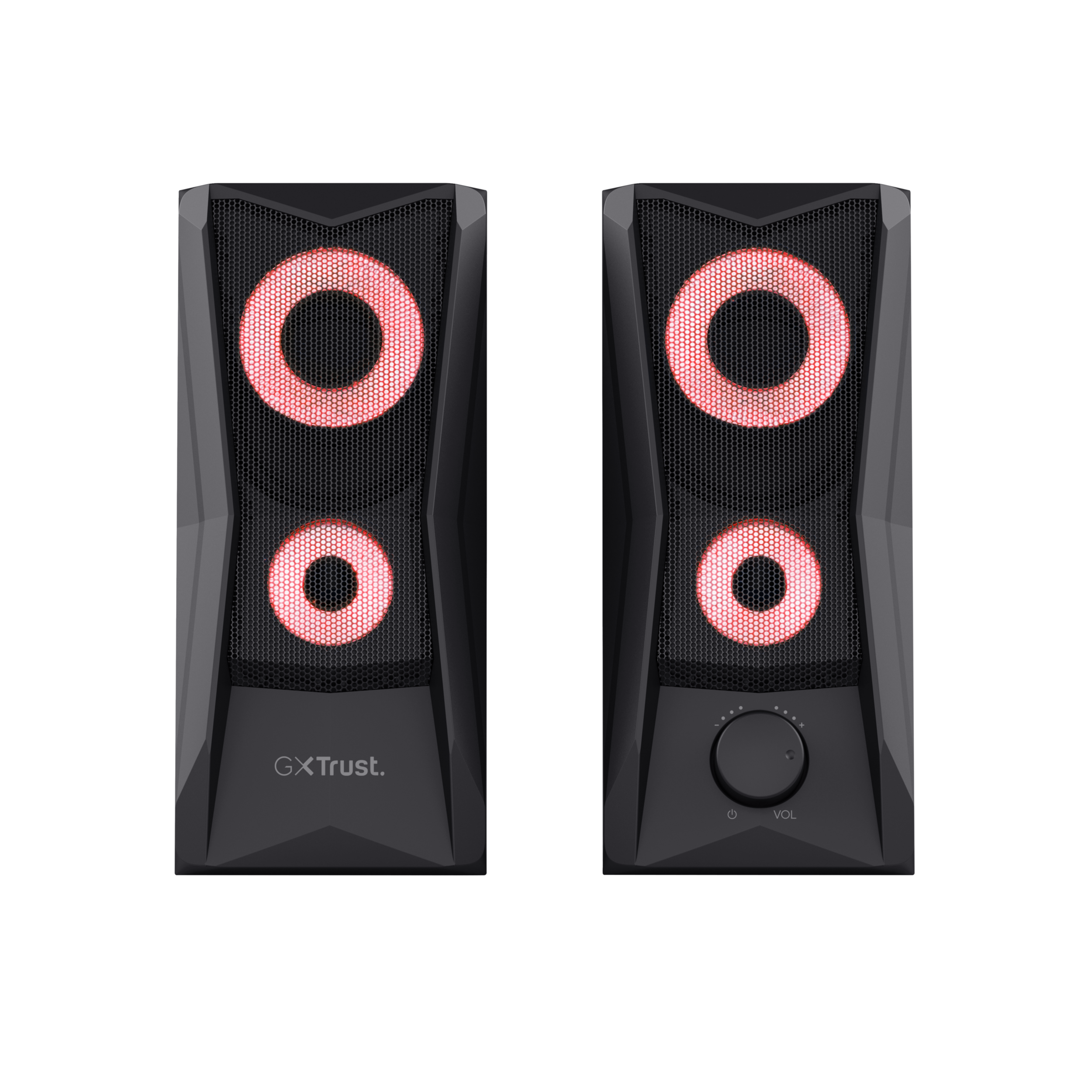 Dwa czarne głośniki z czerwonymi podświetlanymi pierścieniami, regulacja głośności po prawej.