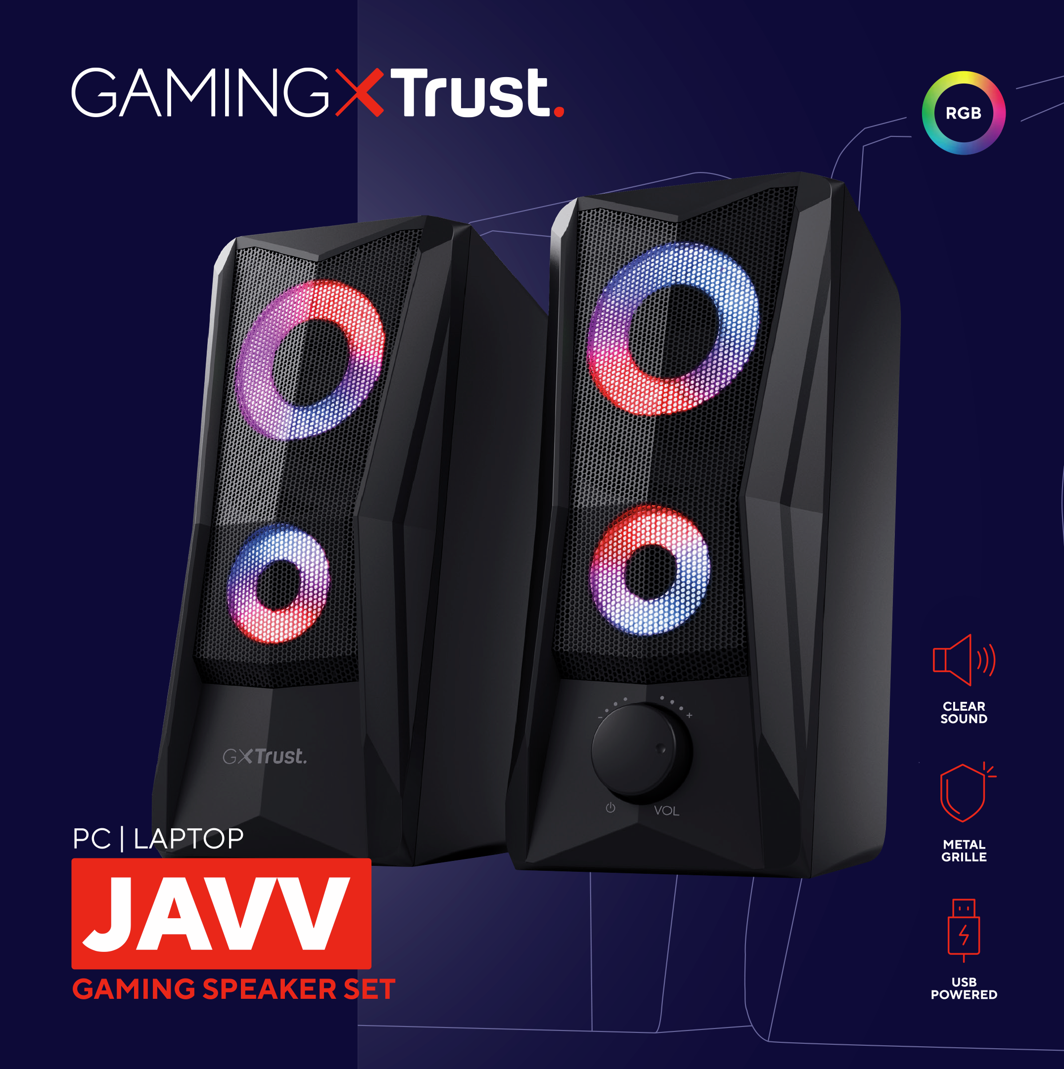Dwa czarne głośniki gamingowe z podświetleniem RGB, regulacją głośności i napisem 'JAVV Gaming Speaker Set'.