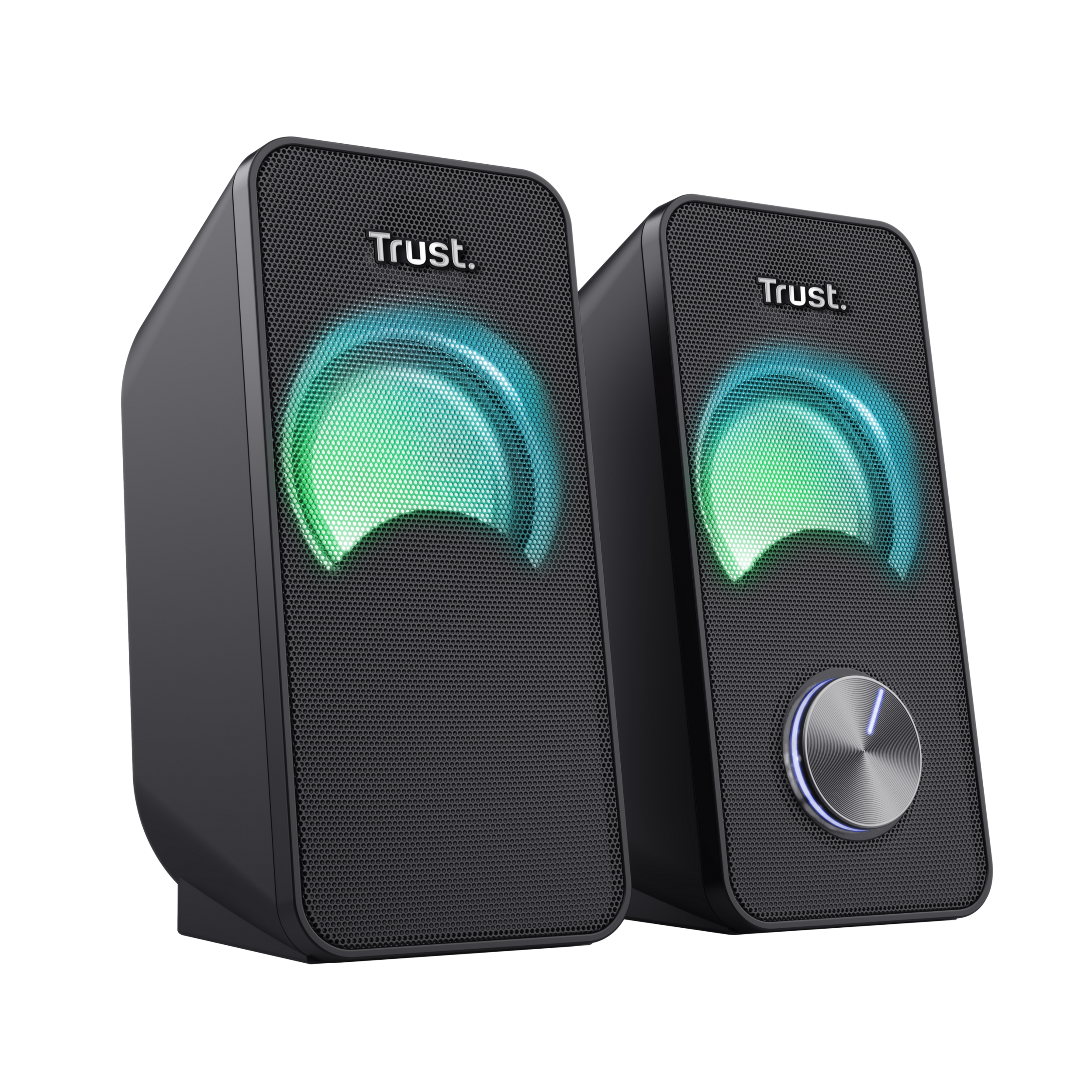 Dwa czarne głośniki z logo Trust. Niebieskie i zielone światła znajdują się w środku głośników.