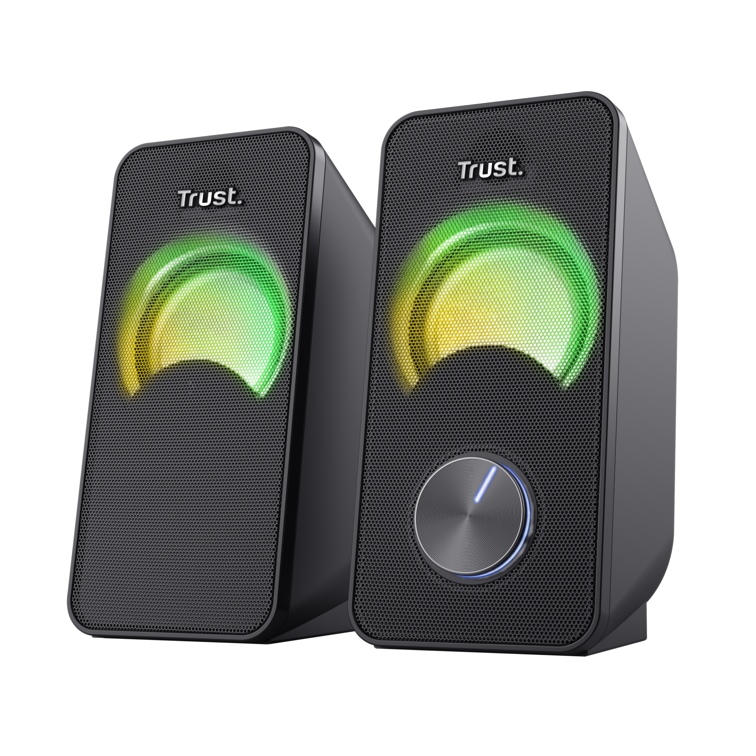Para czarnych głośników z zielonymi i żółtymi świecącymi światłami. Marka: Trust. Srebrna regulacja głośności.