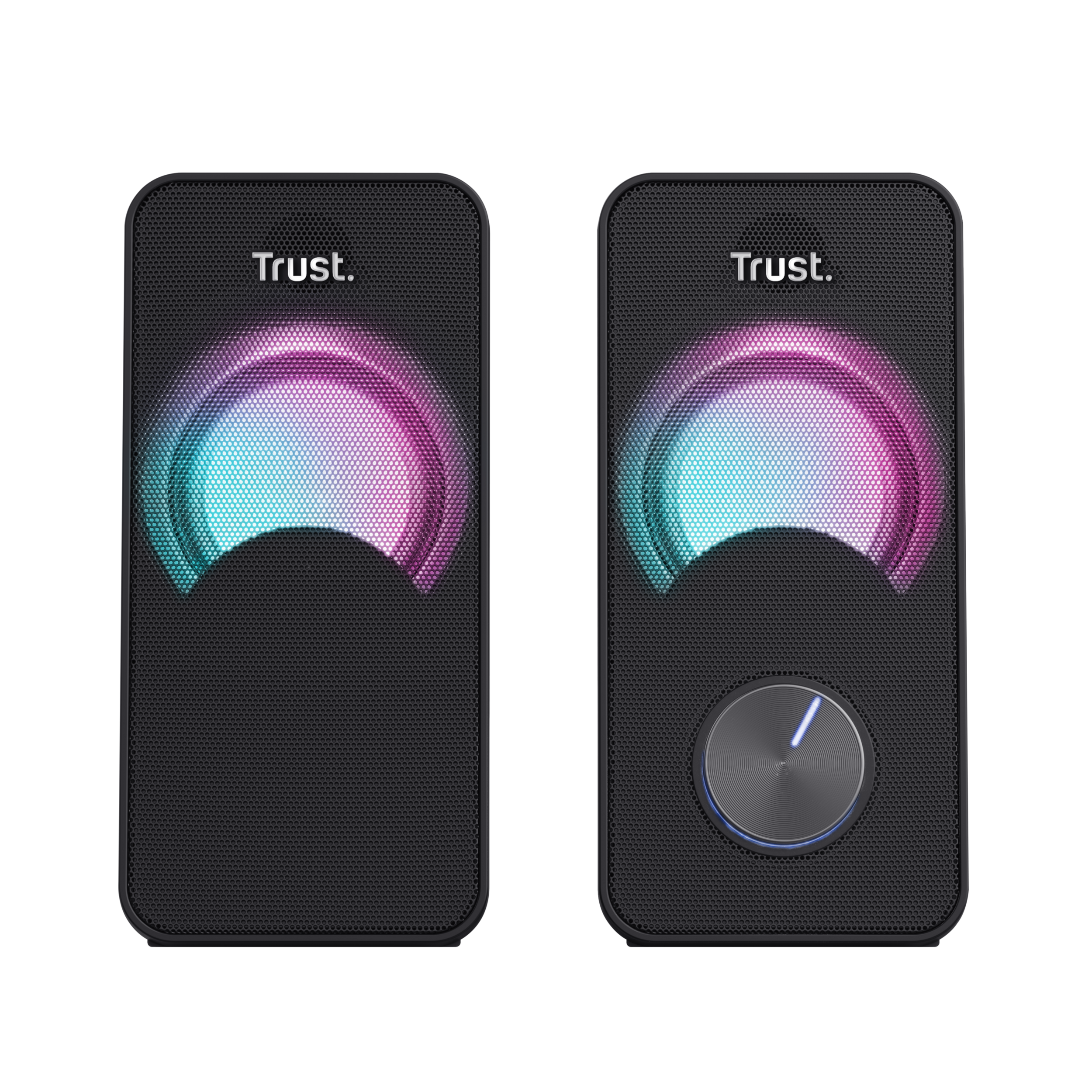 Dwa czarne głośniki z kolorowymi światłami i regulacją głośności.