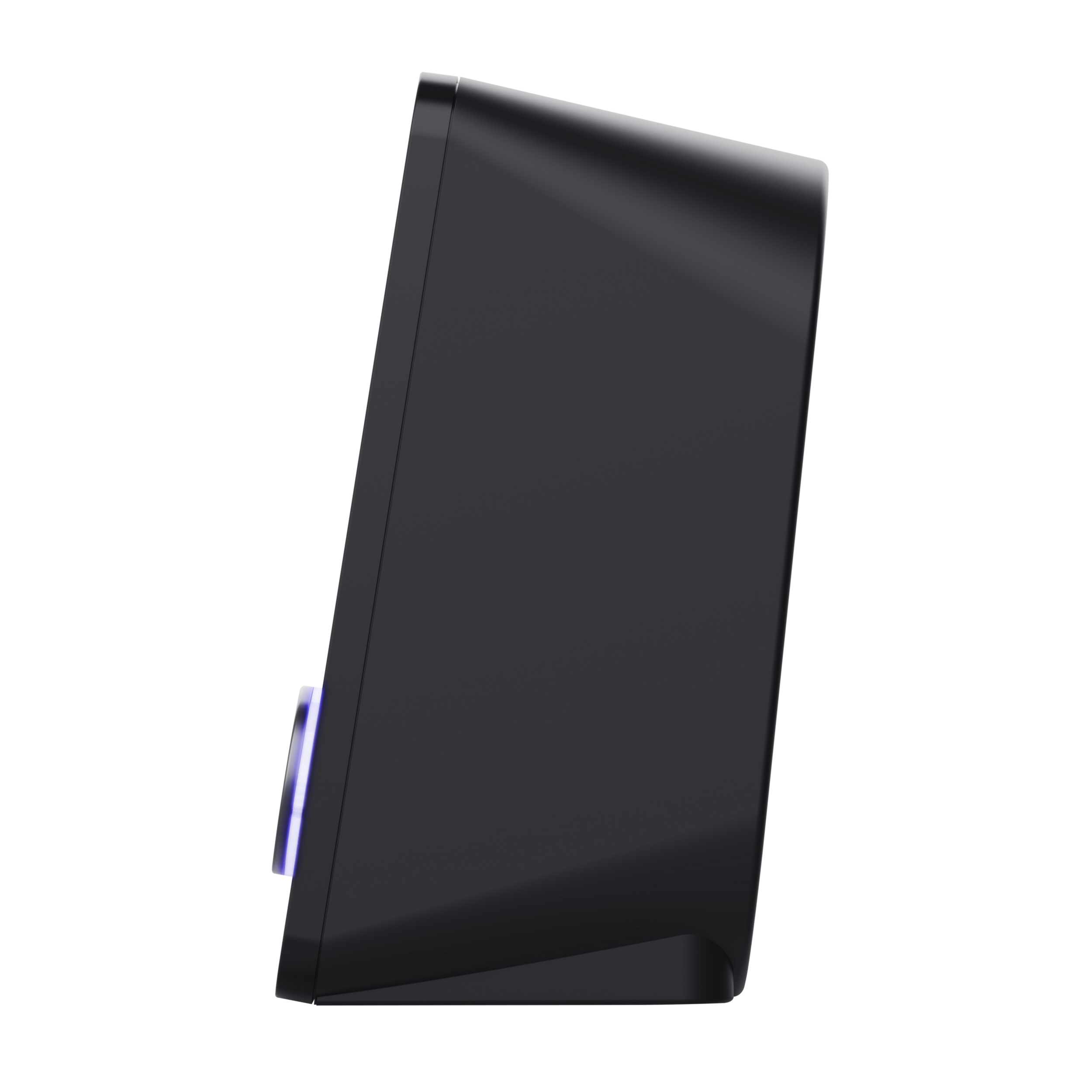 Czarny głośnik, widok z boku. Ma niebieskie światło u dołu i jest pochylony.